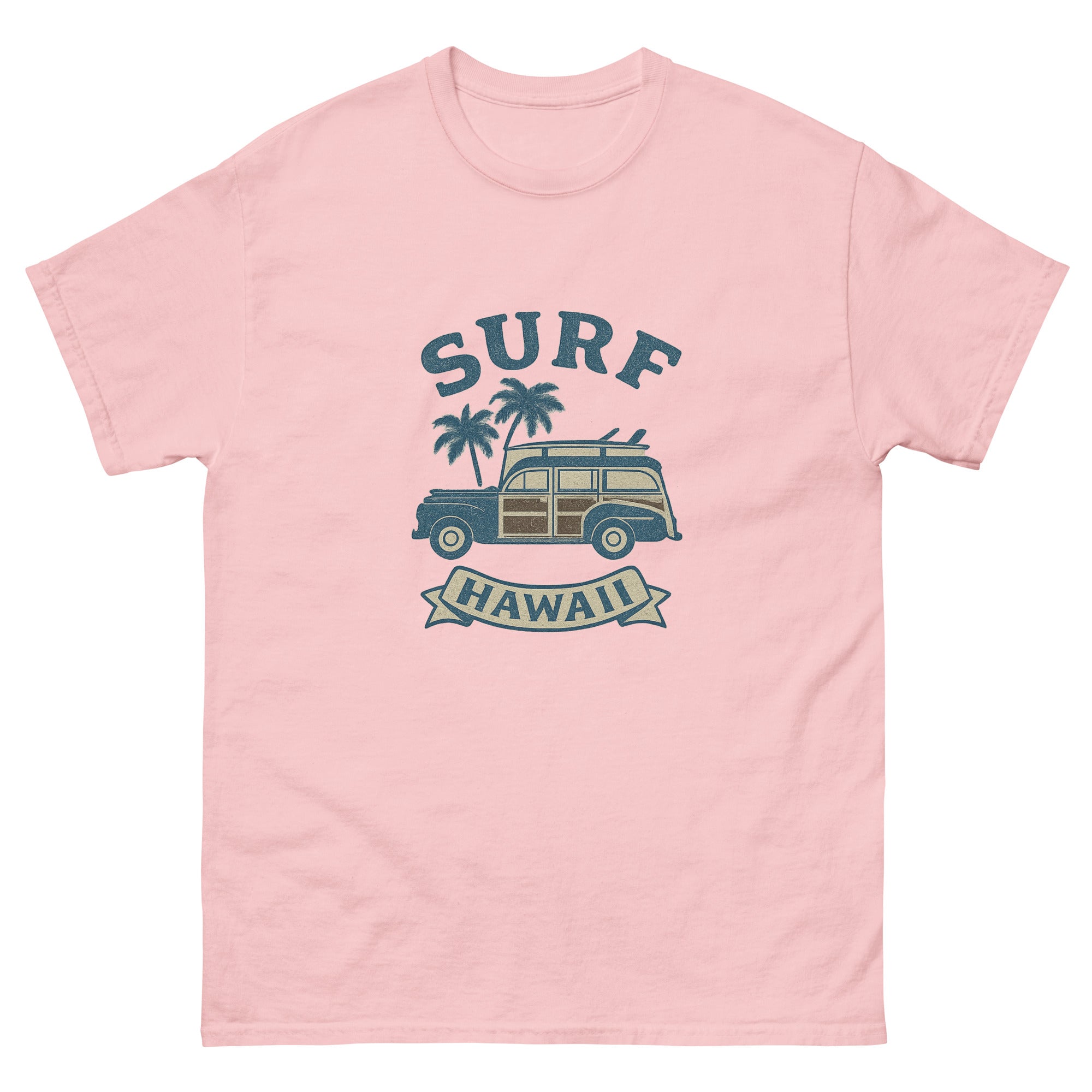 Woody Wagon Hawaiian t-shirt design on a Light Pink unisex tee