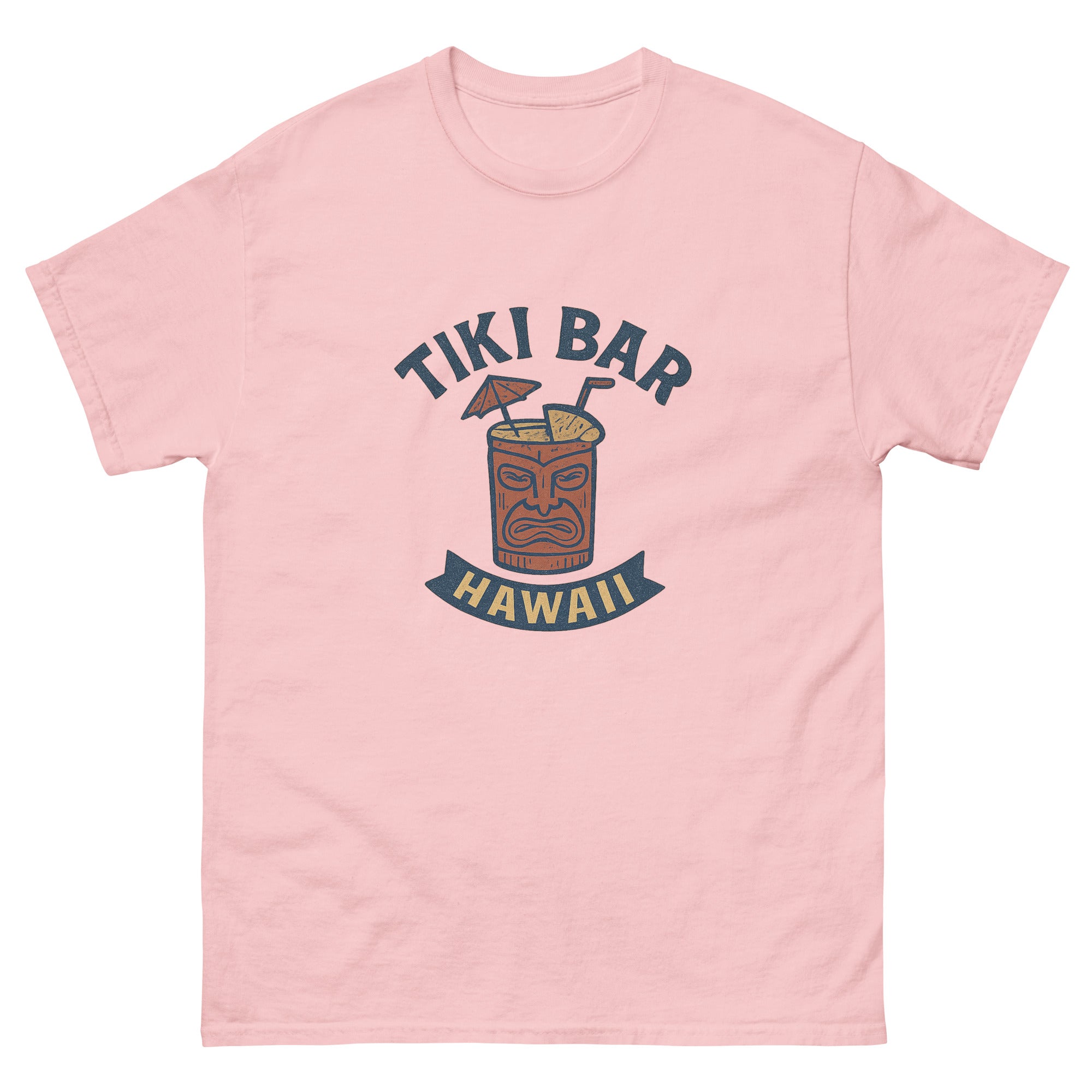 Tiki Mug Hawaiian t-shirt design on a Light Pink unisex tee