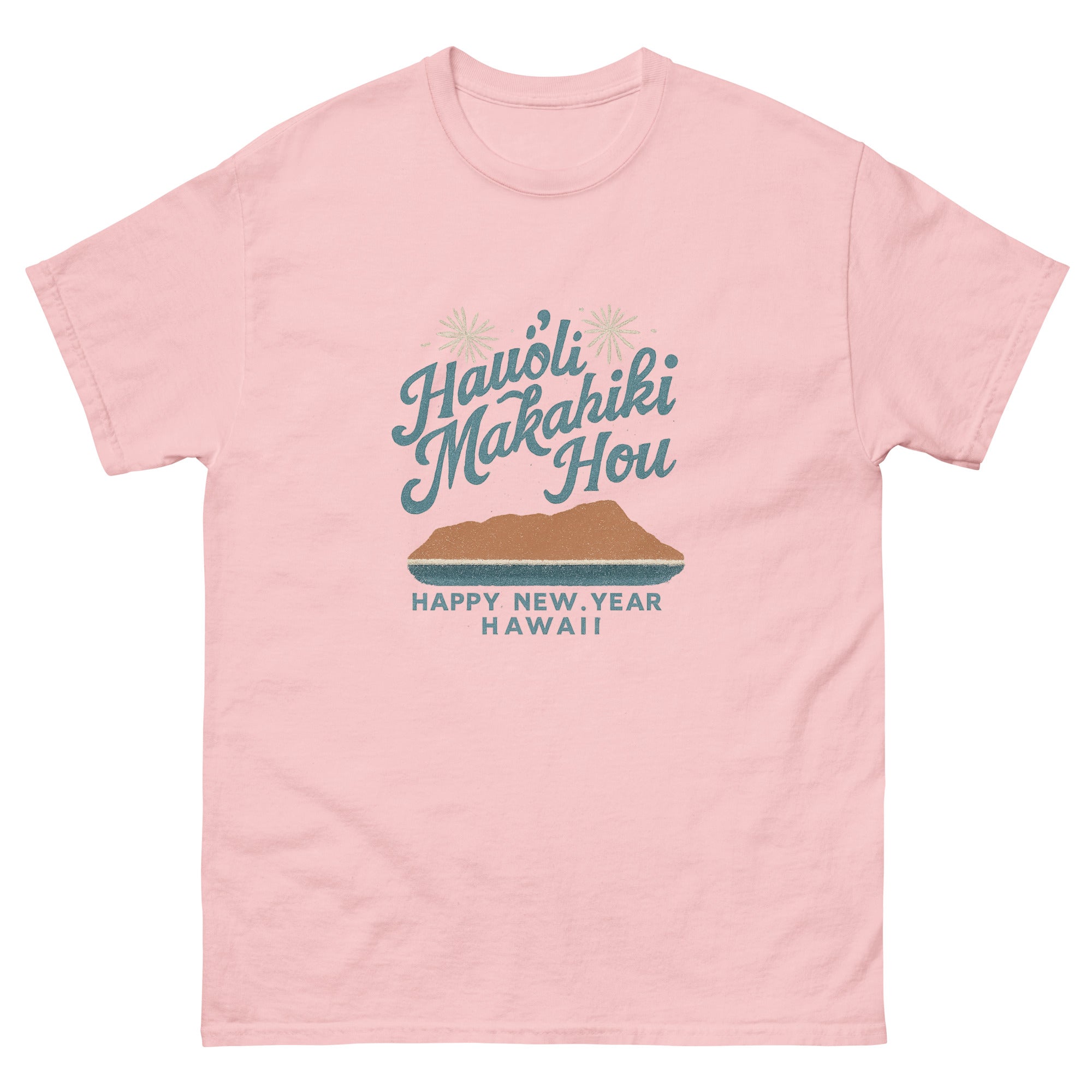 Hauoli Makahiki Hou Hawaiian t-shirt design on a Light Pink unisex tee
