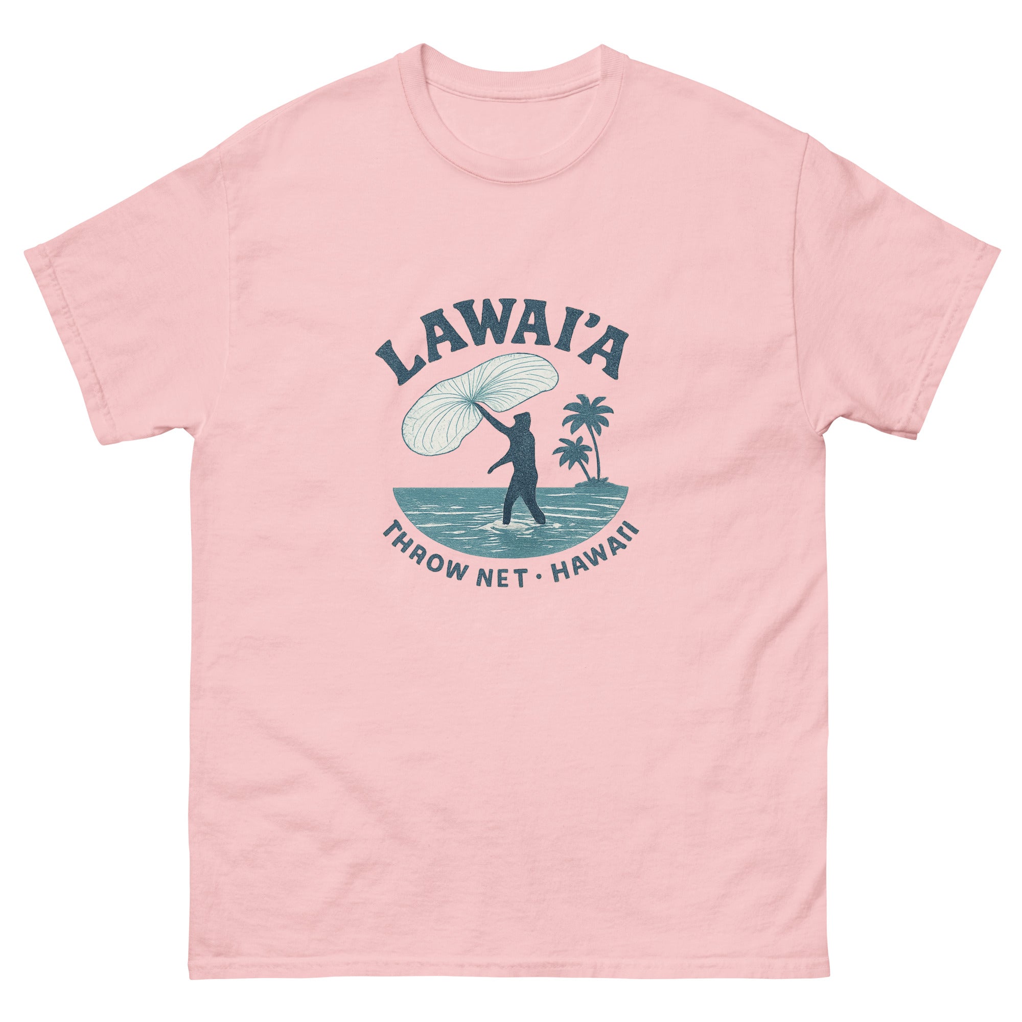 Throw Net Fishing Hawaiian t-shirt design on a Light Pink unisex tee