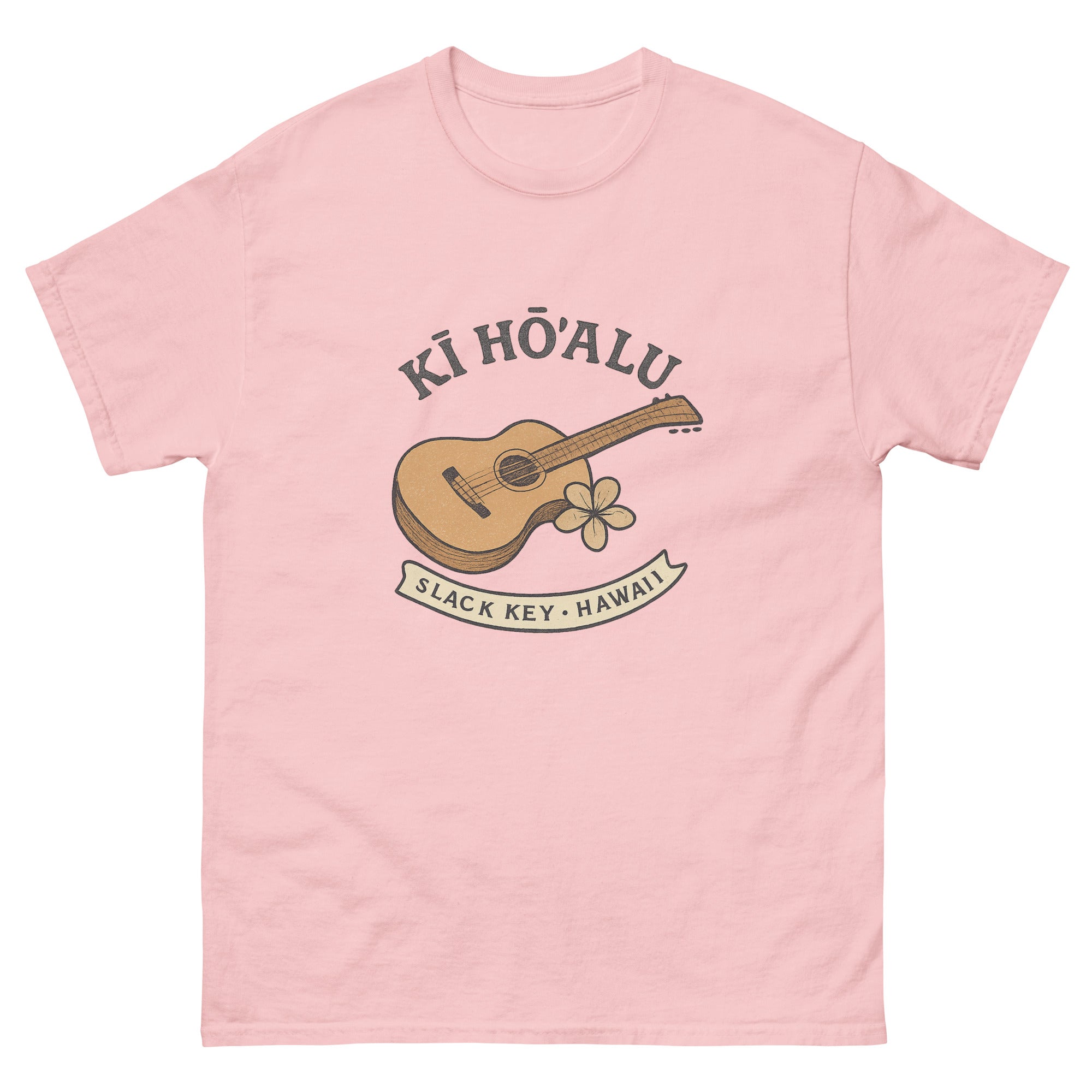 Slack Key Guitar Hawaiian t-shirt design on a Light Pink unisex tee