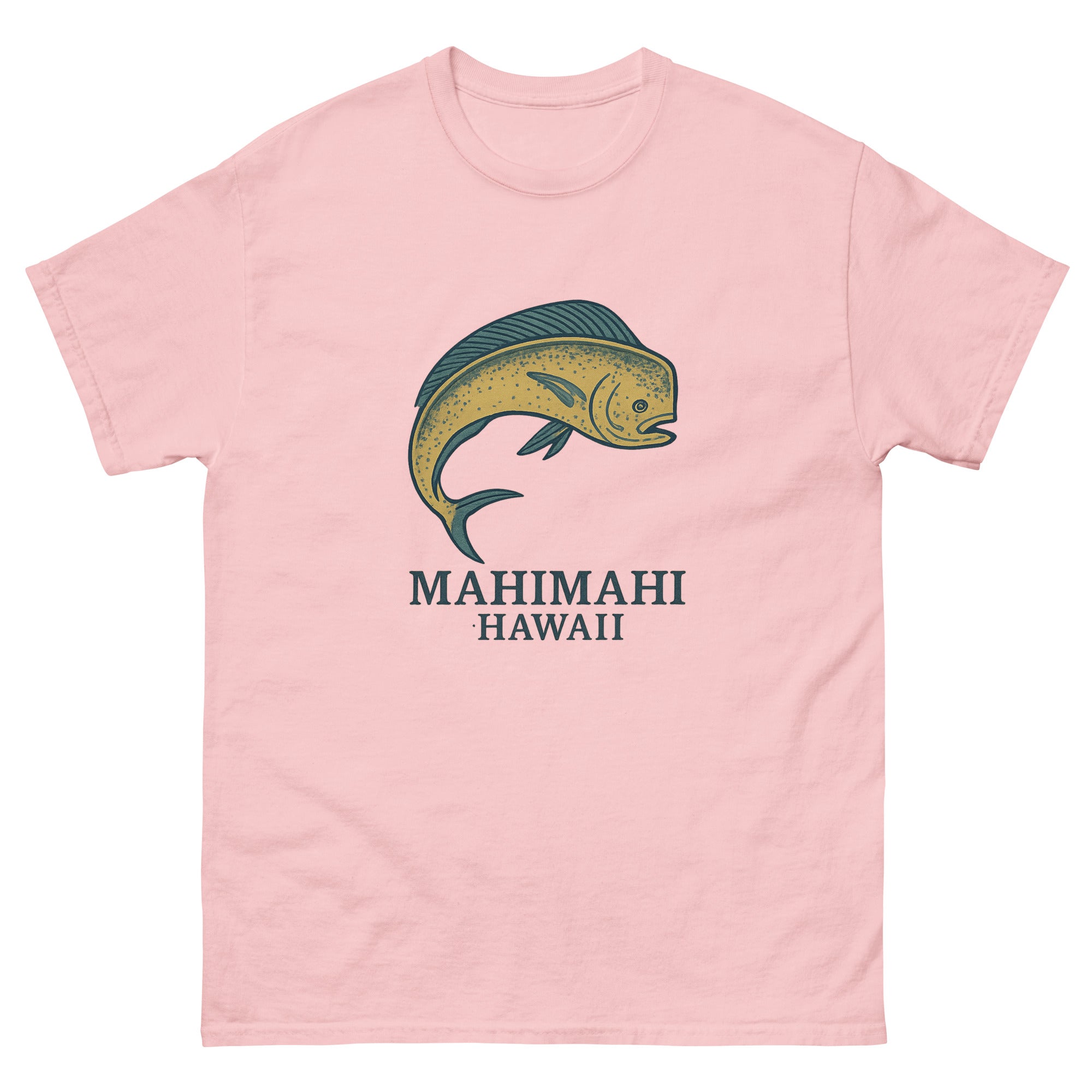 Mahimahi Hawaiian t-shirt design on a Light Pink unisex tee
