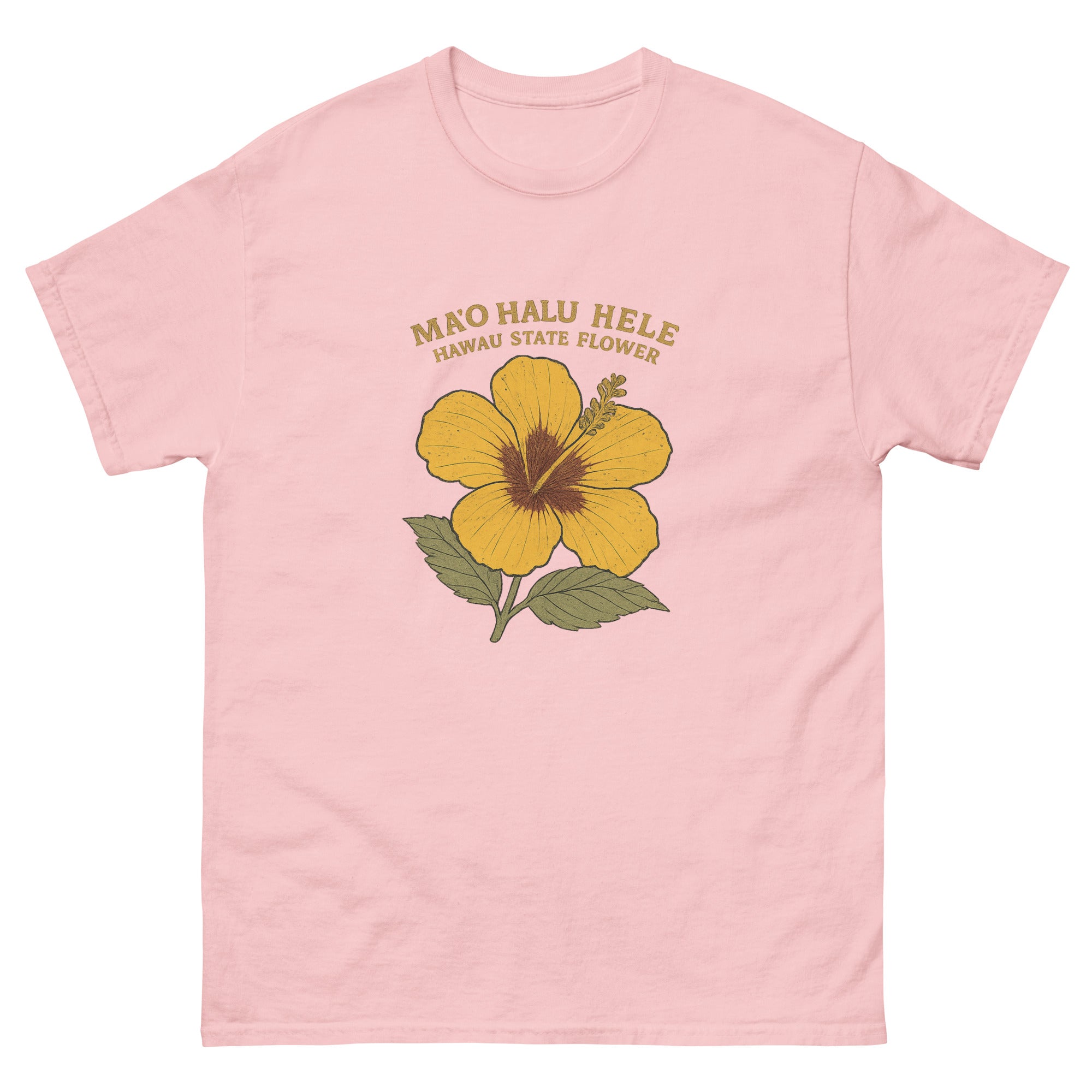 Yellow Hibiscus Hawaiian t-shirt design on a Light Pink unisex tee