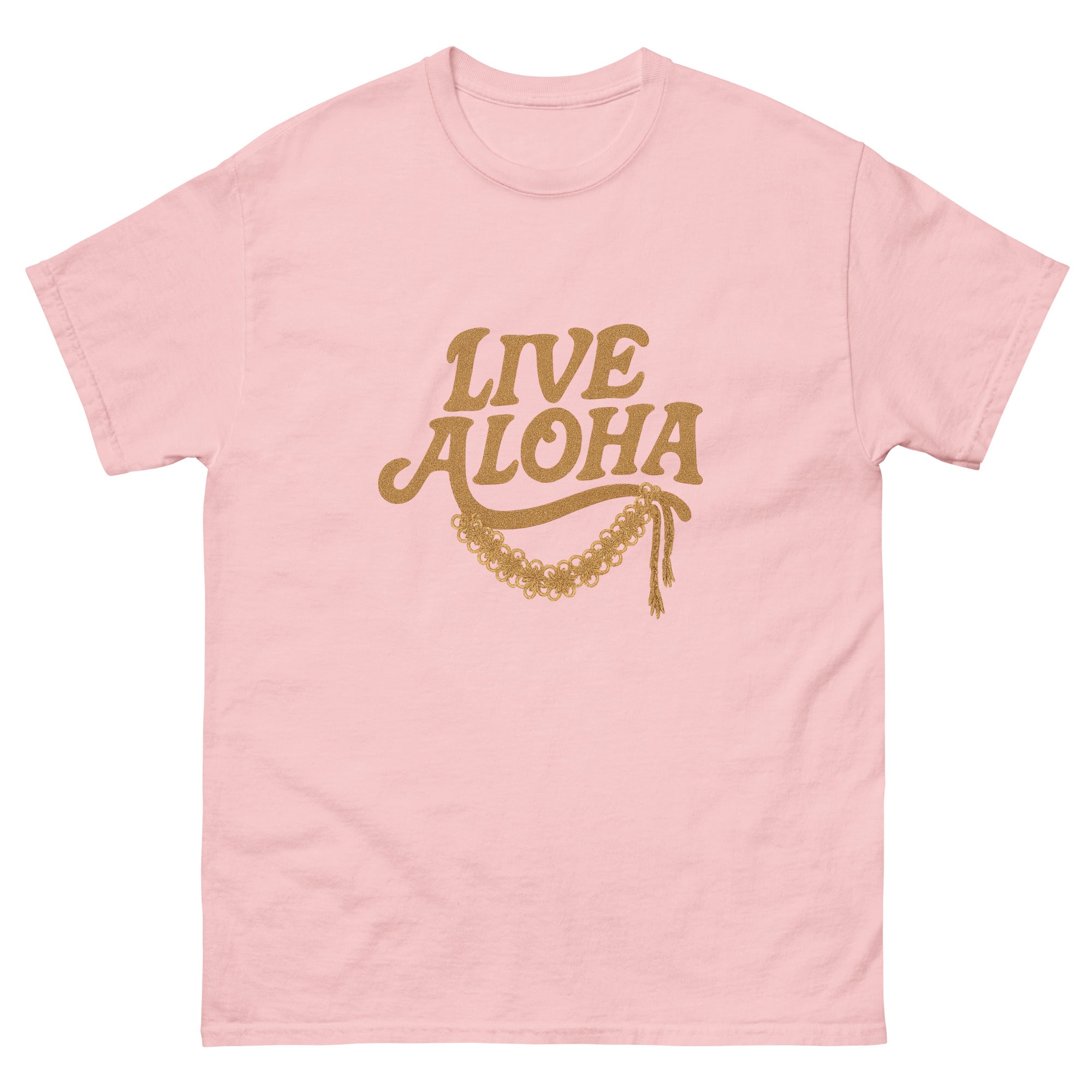 Live Aloha Hawaiian t-shirt design on a Light Pink unisex tee