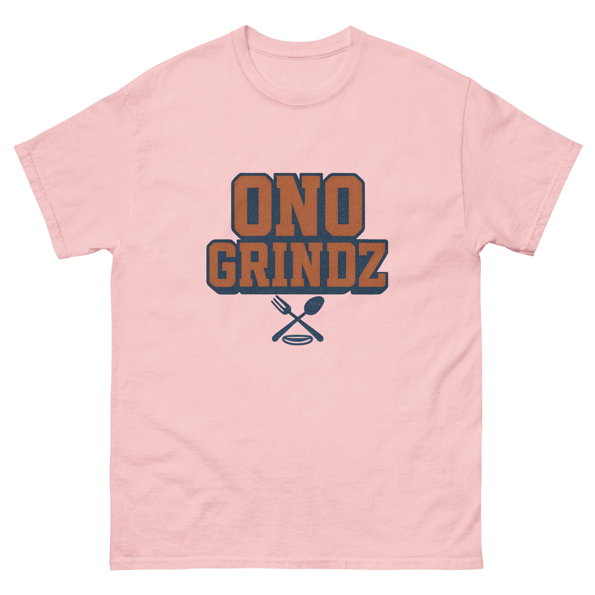 Ono Grindz Hawaiian t-shirt design on a Light Pink unisex tee