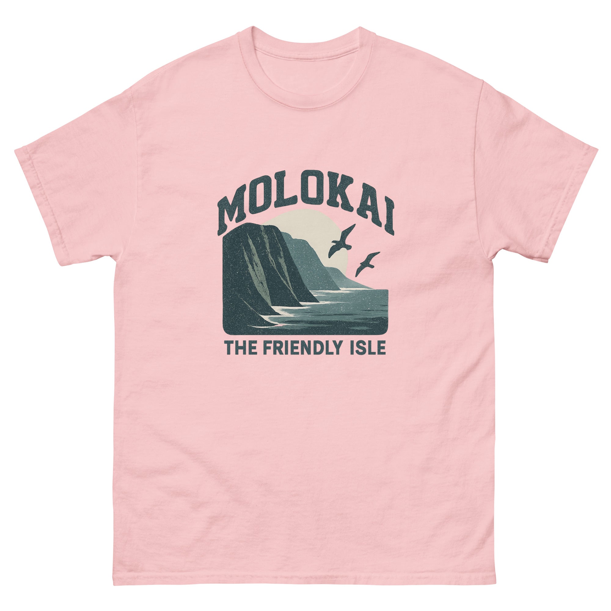 Molokai Hawaiian t-shirt design on a Light Pink unisex tee