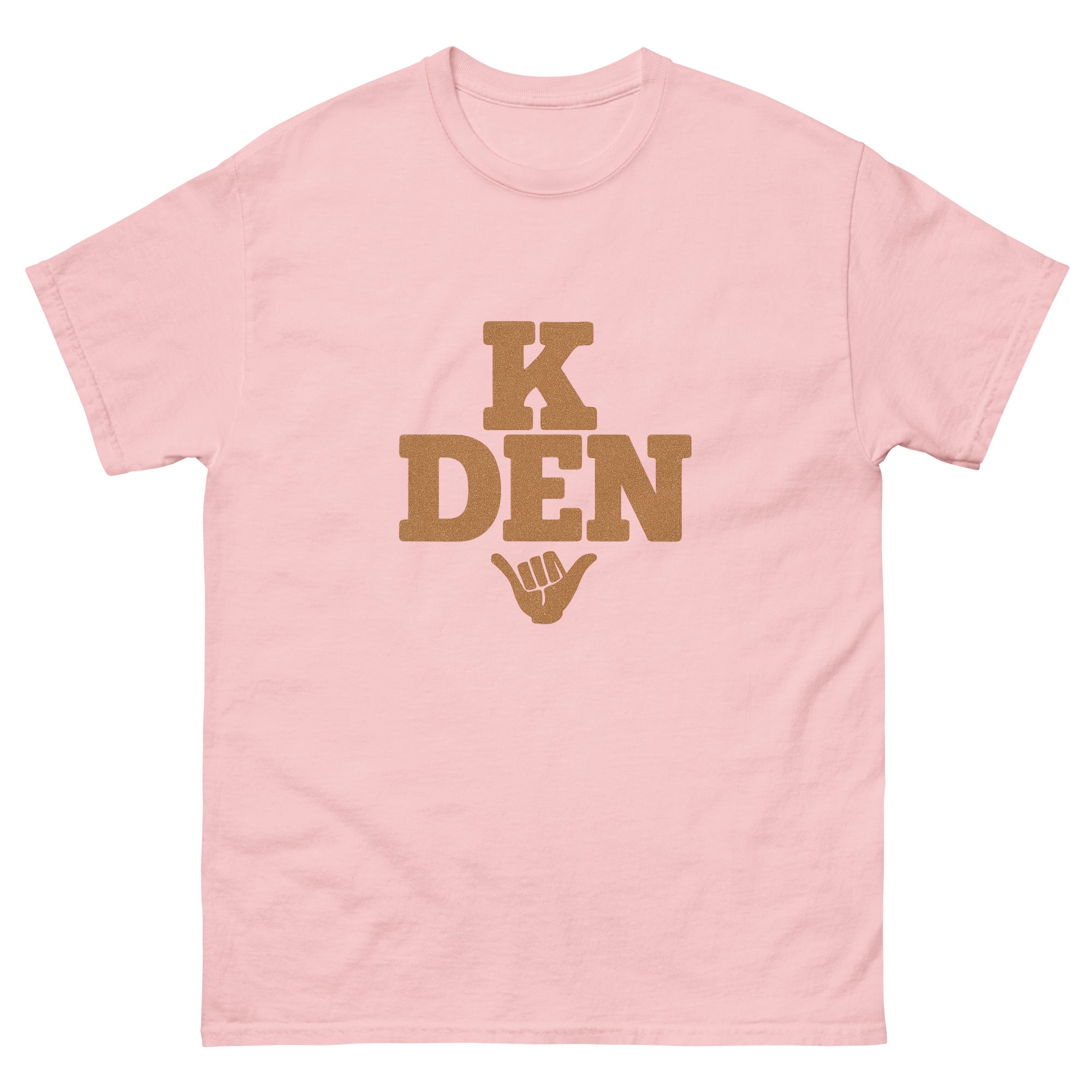 K Den Hawaiian t-shirt design on a Light Pink unisex tee