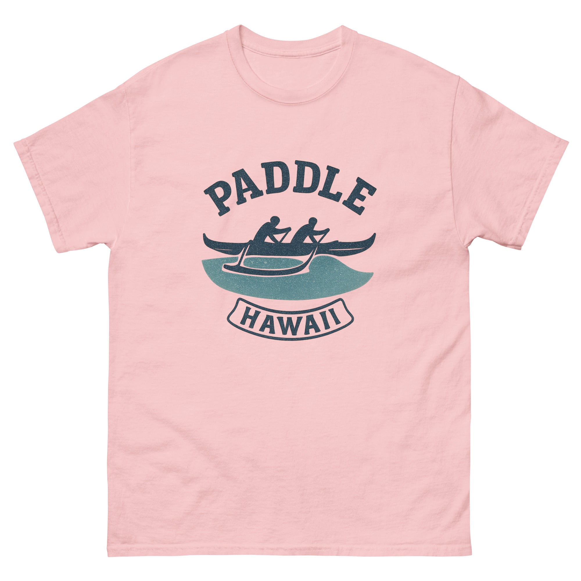 Outrigger Canoe Hawaiian t-shirt design on a Light Pink unisex tee
