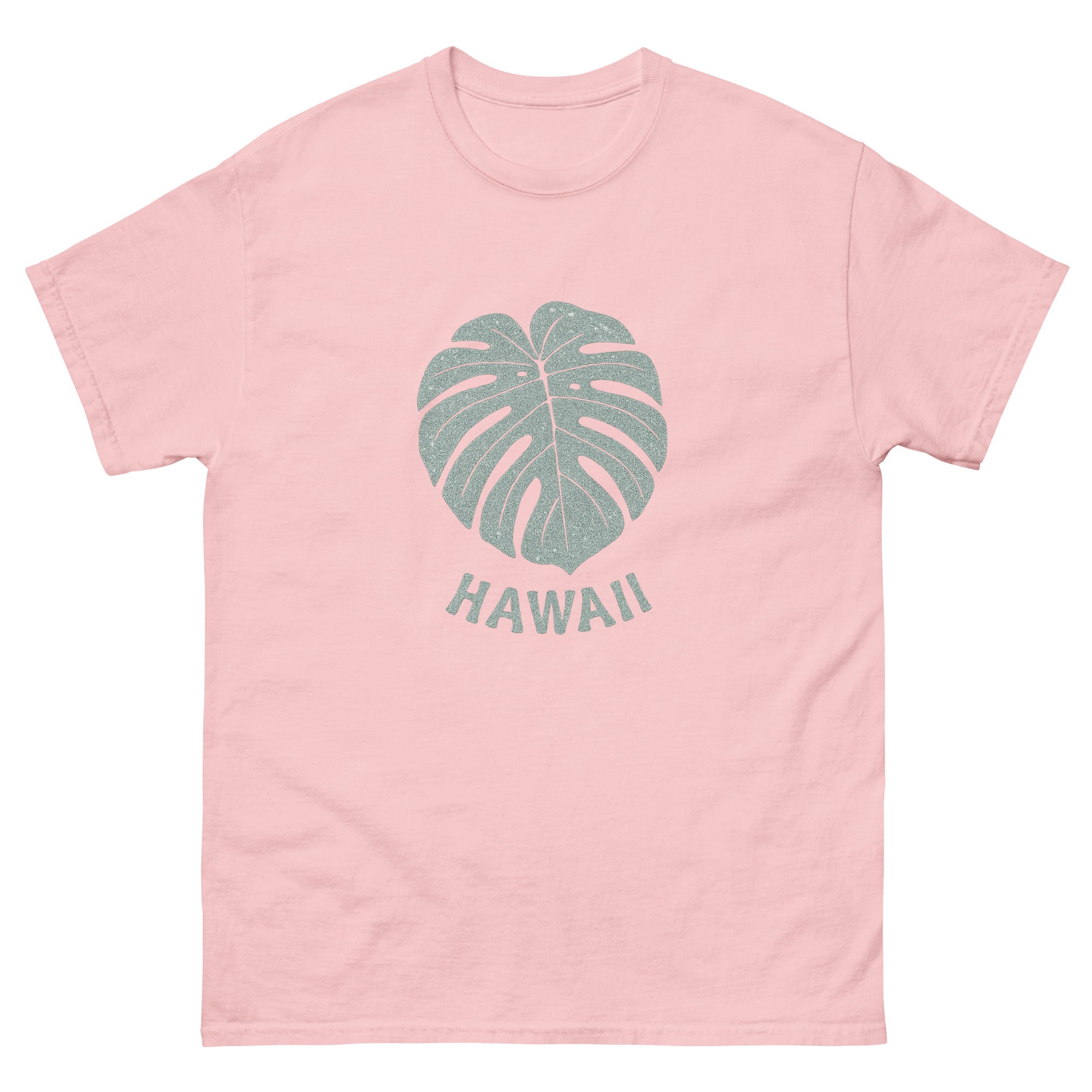 Monstera Leaf Hawaiian t-shirt design on a Light Pink unisex tee