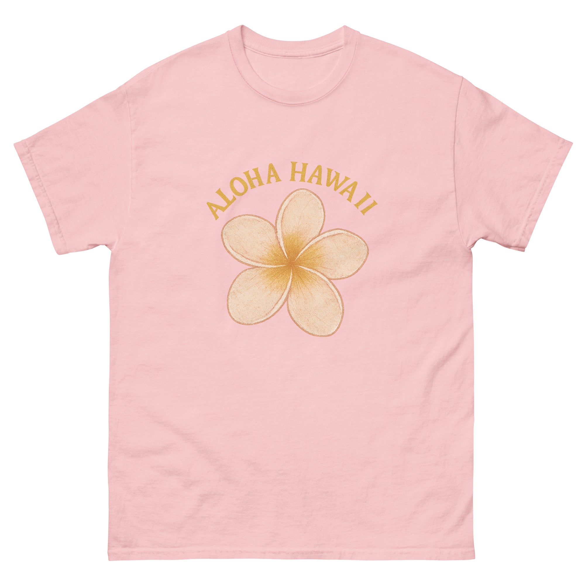 Plumeria Hawaiian t-shirt design on a Light Pink unisex tee