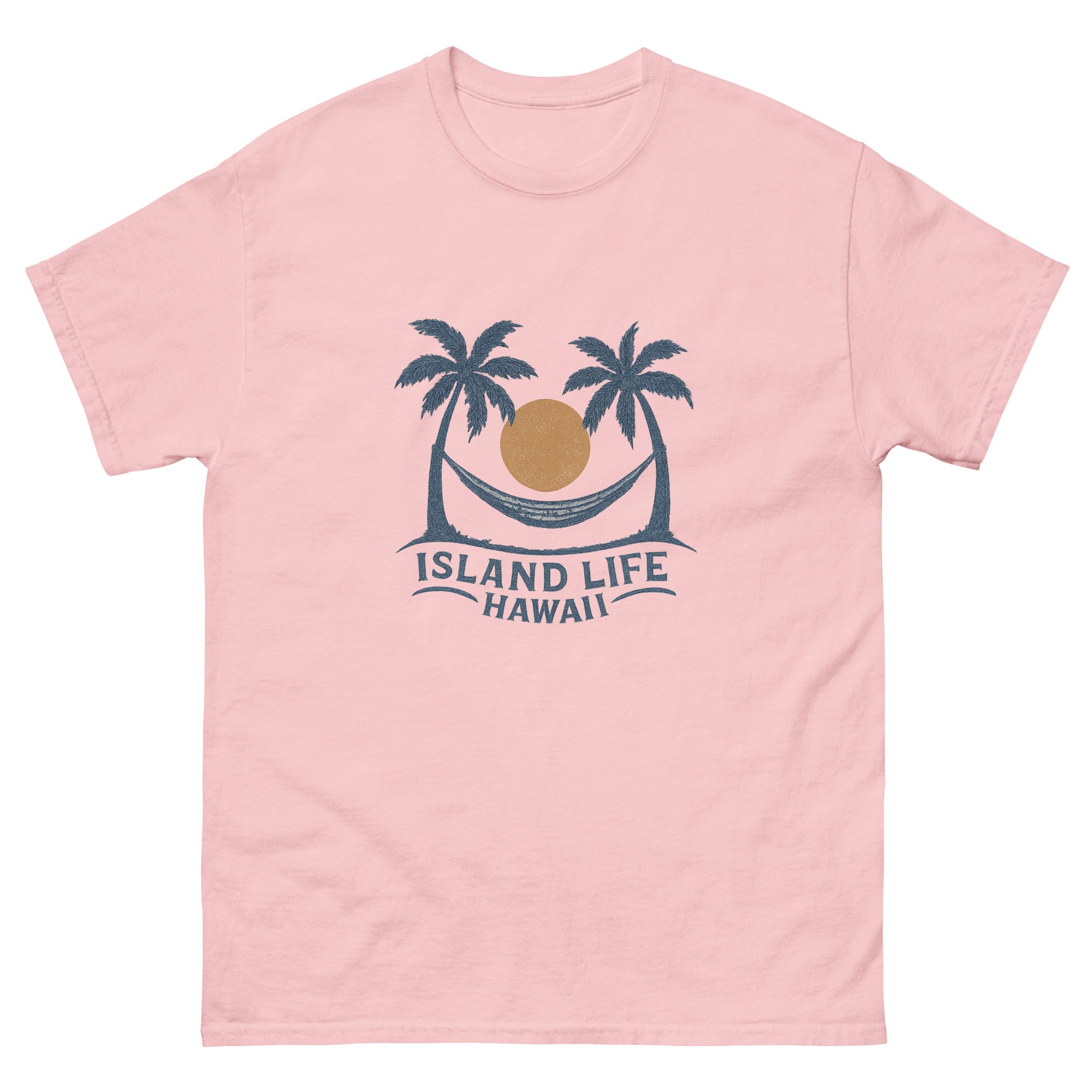 Hammock Hawaiian t-shirt design on a Light Pink unisex tee