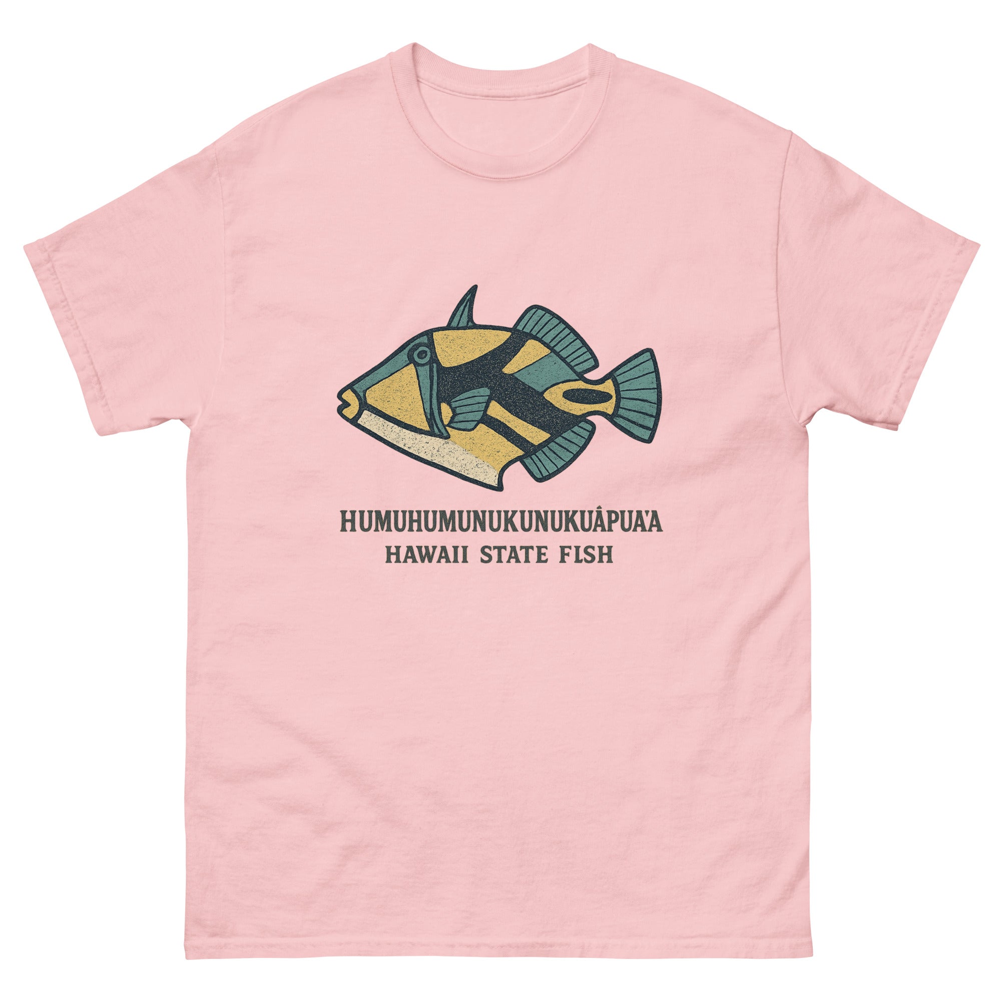 Humuhumu Fish Hawaiian t-shirt design on a Light Pink unisex tee