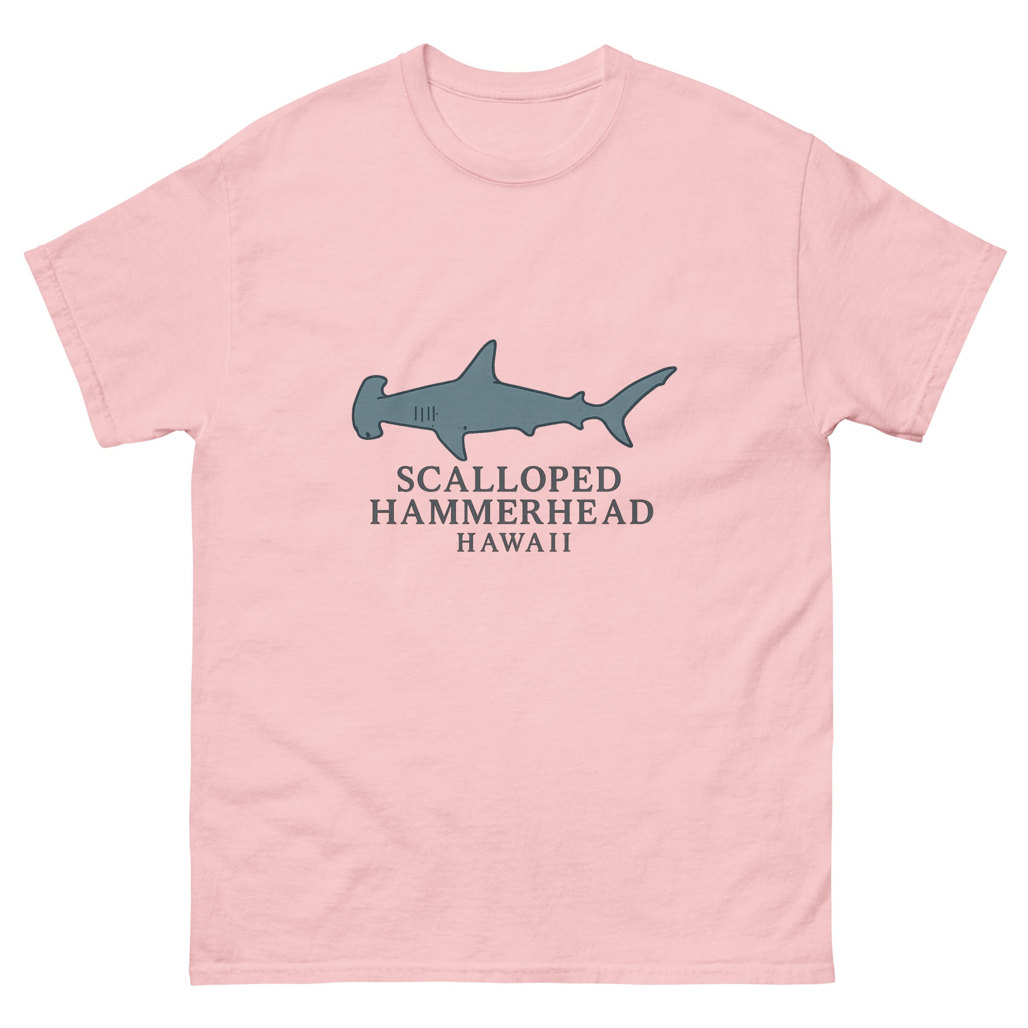 Hammerhead Shark Hawaiian t-shirt design on a Light Pink unisex tee