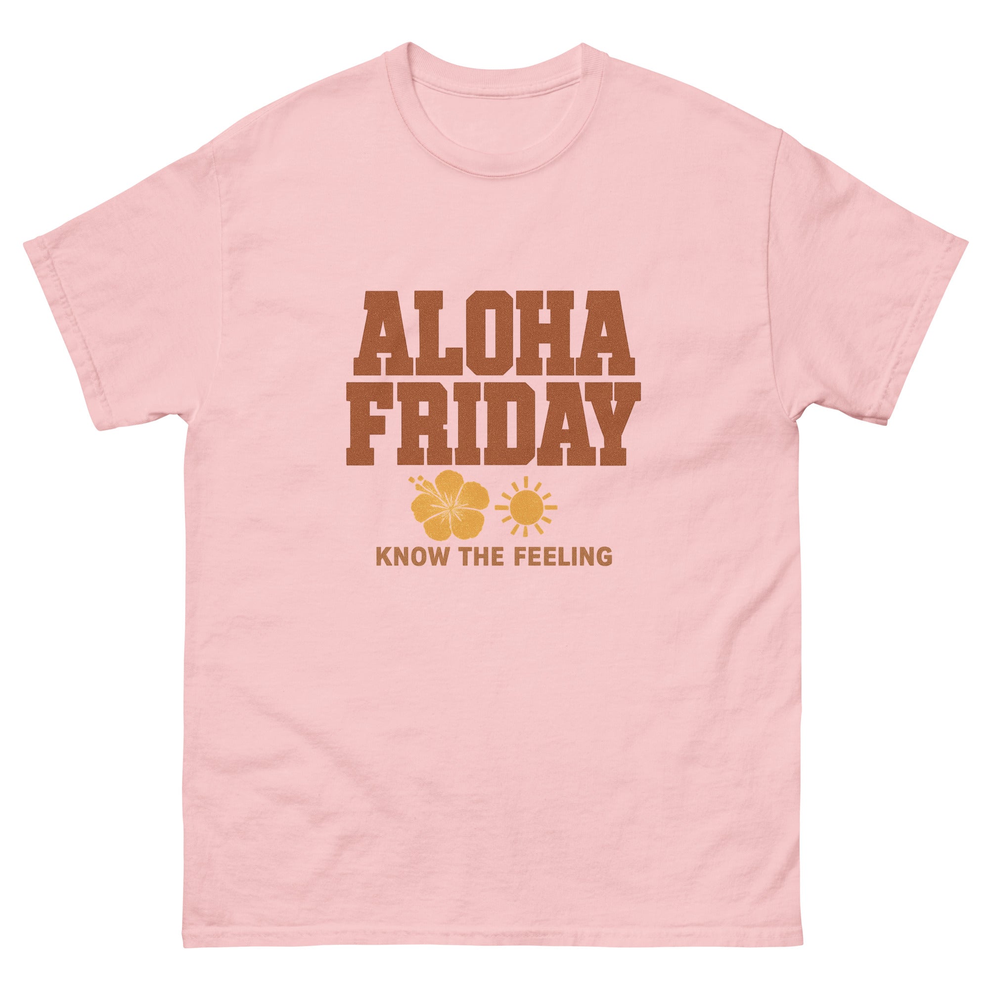 Aloha Friday Hawaiian t-shirt design on a Light Pink unisex tee