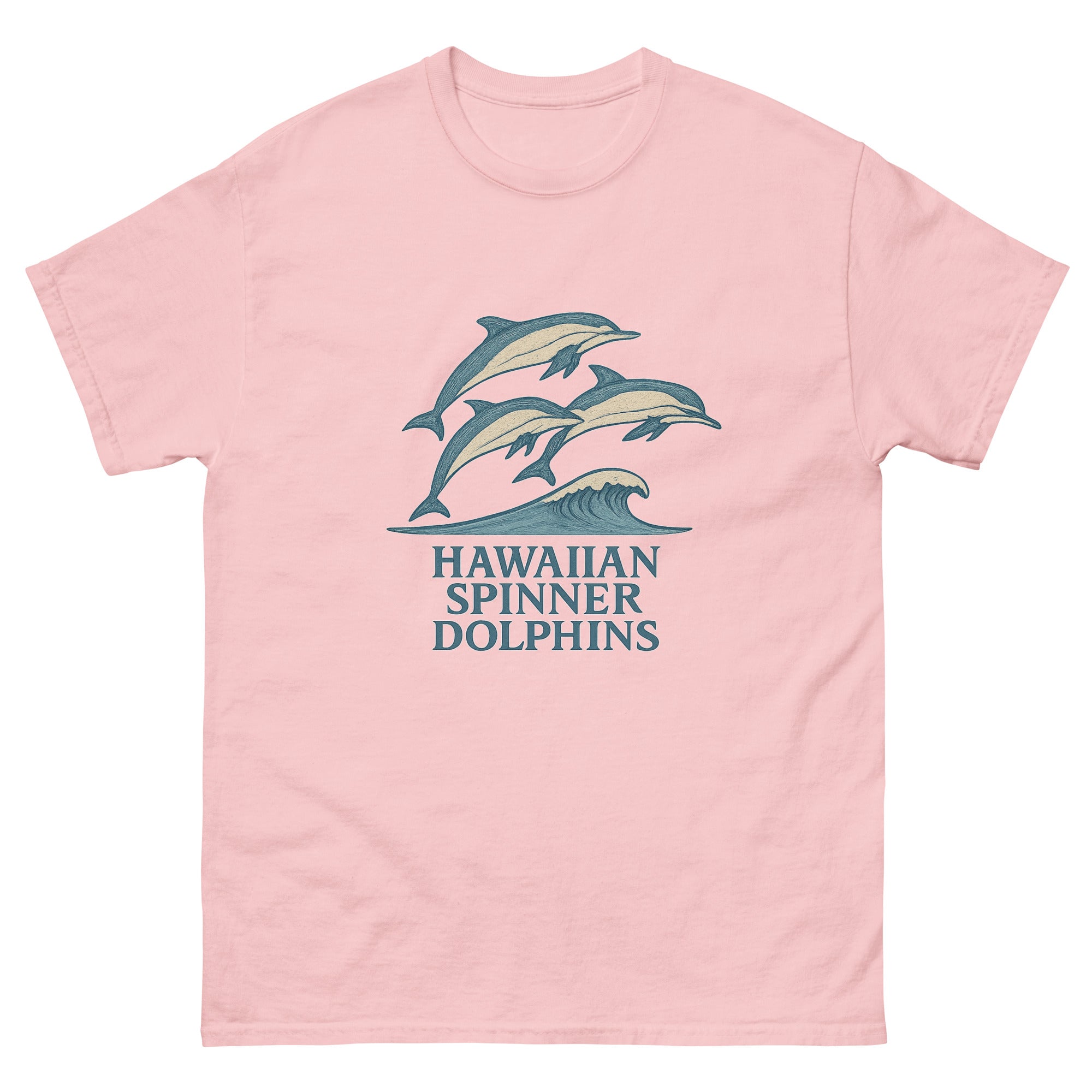 Spinner Dolphins Hawaiian t-shirt design on a Light Pink unisex tee