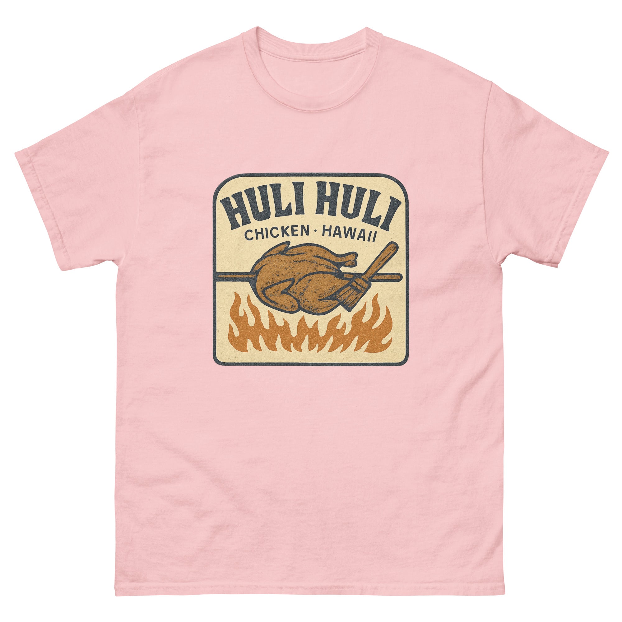 Huli Huli Chicken Hawaiian t-shirt design on a Light Pink unisex tee