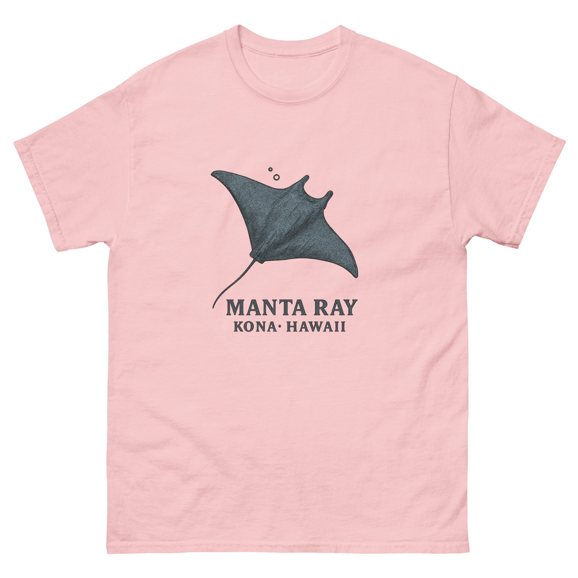 Manta Ray Hawaiian t-shirt design on a Light Pink unisex tee