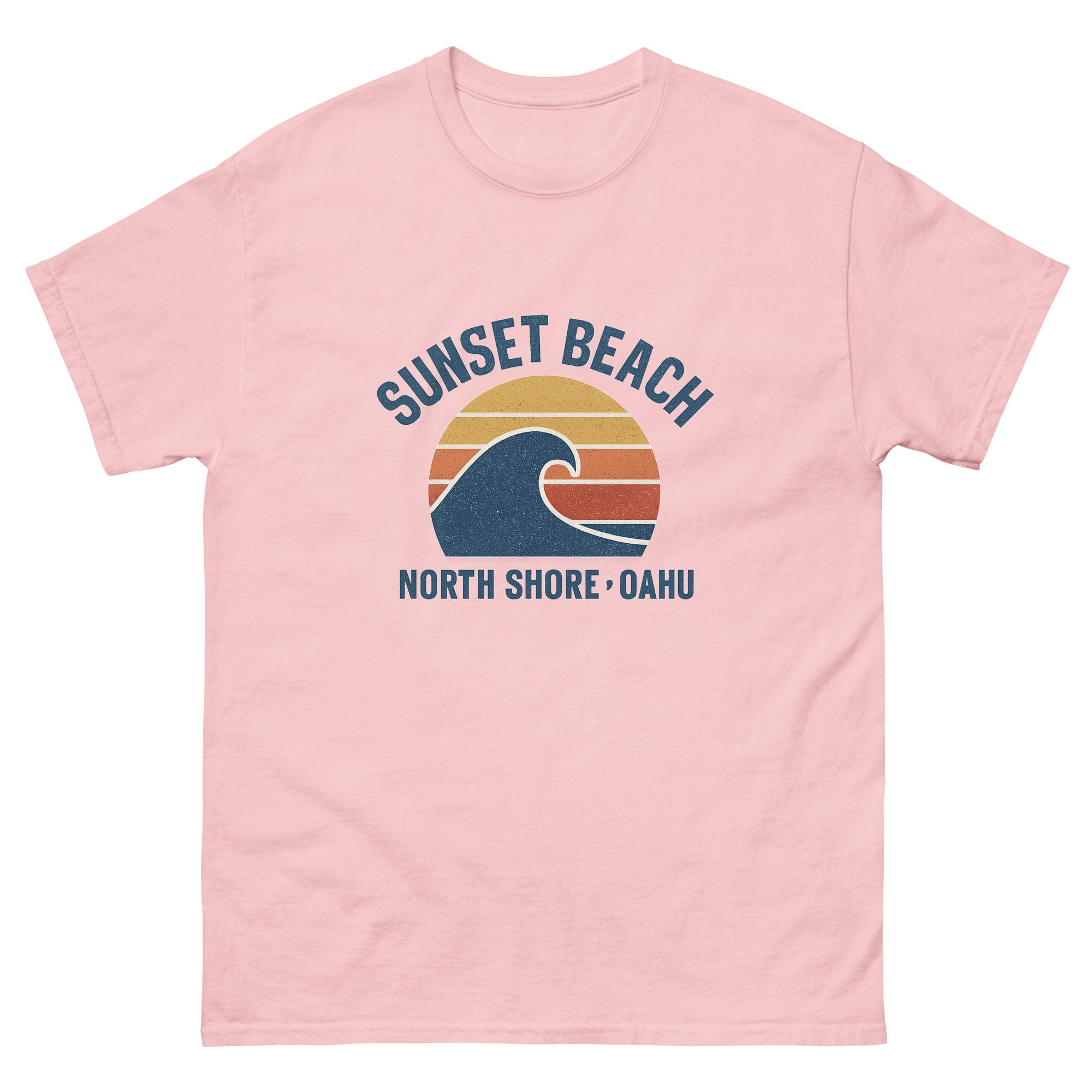 Sunset Beach Hawaiian t-shirt design on a Light Pink unisex tee