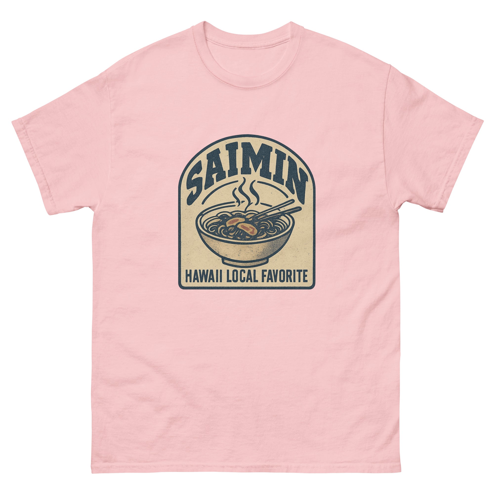 Saimin Hawaiian t-shirt design on a Light Pink unisex tee