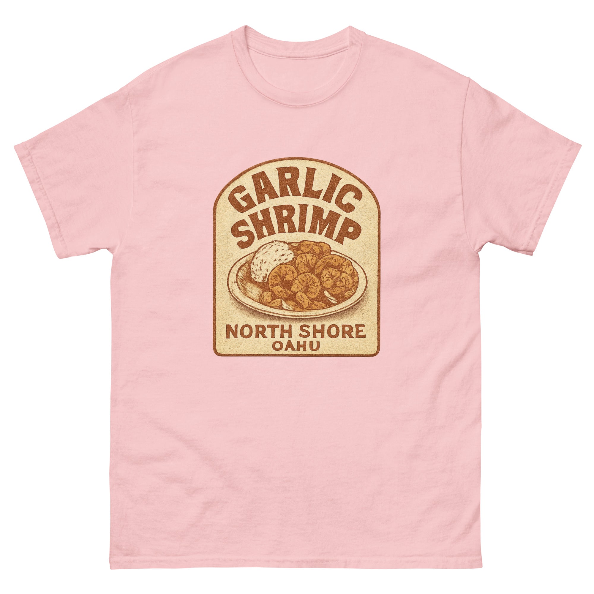 Garlic Shrimp Truck Hawaiian t-shirt design on a Light Pink unisex tee
