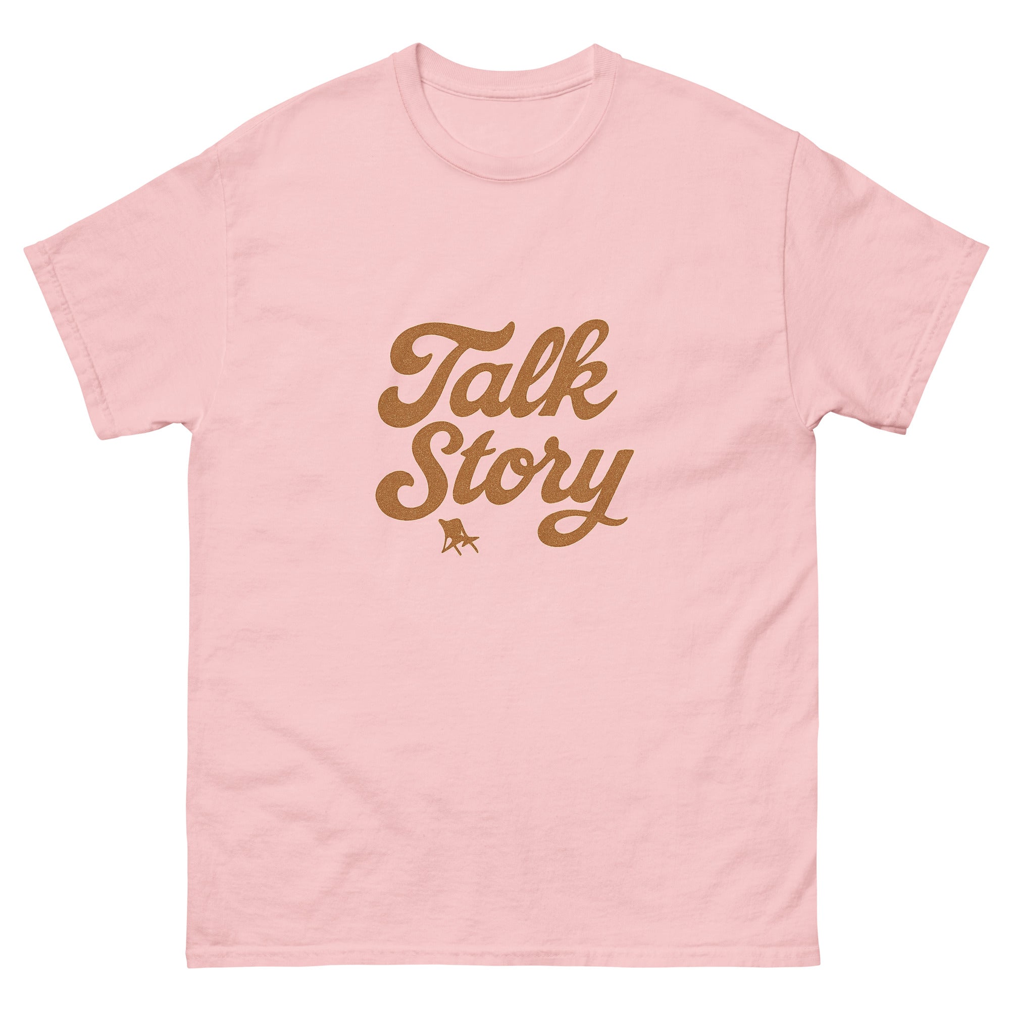 Talk Story Hawaiian t-shirt design on a Light Pink unisex tee