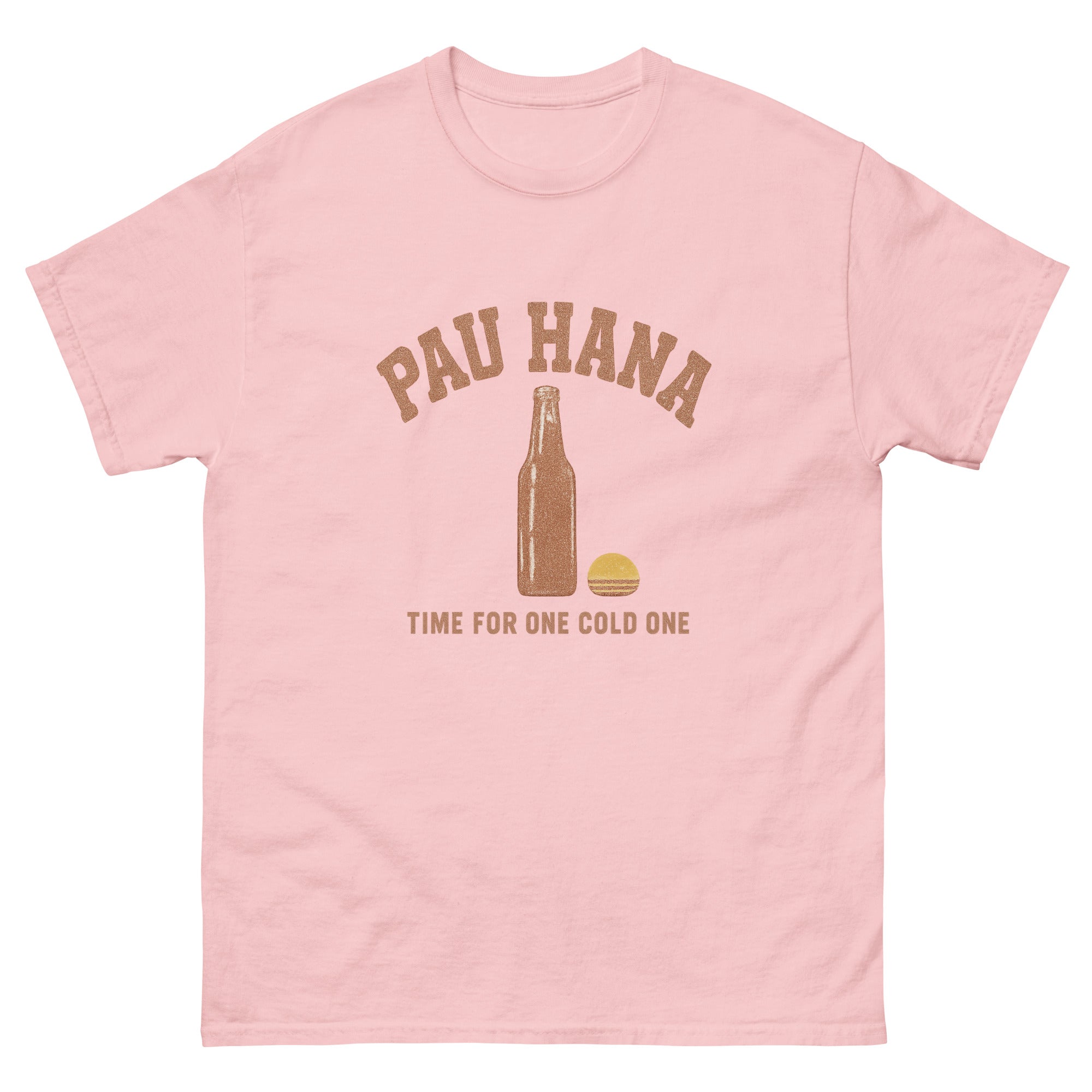 Pau Hana Hawaiian t-shirt design on a Light Pink unisex tee