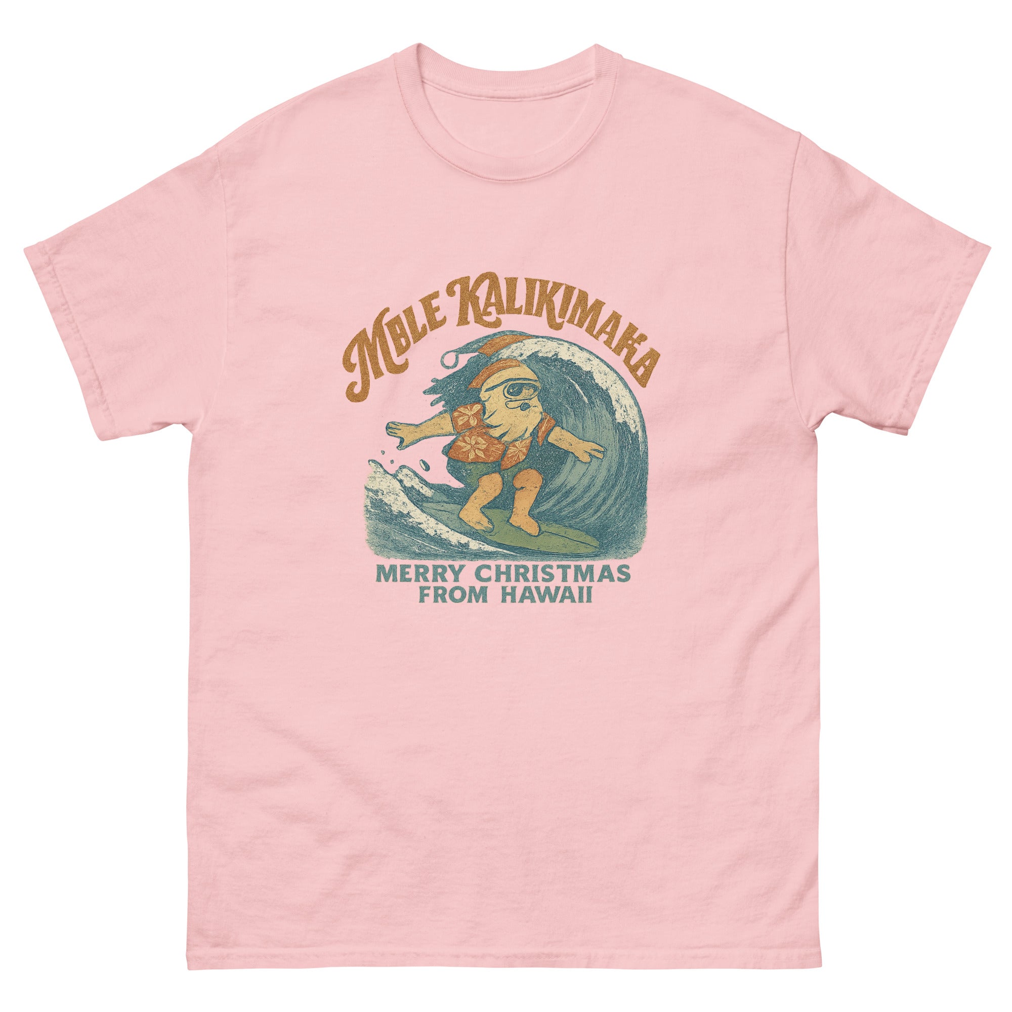 Mele Kalikimaka Hawaiian t-shirt design on a Light Pink unisex tee