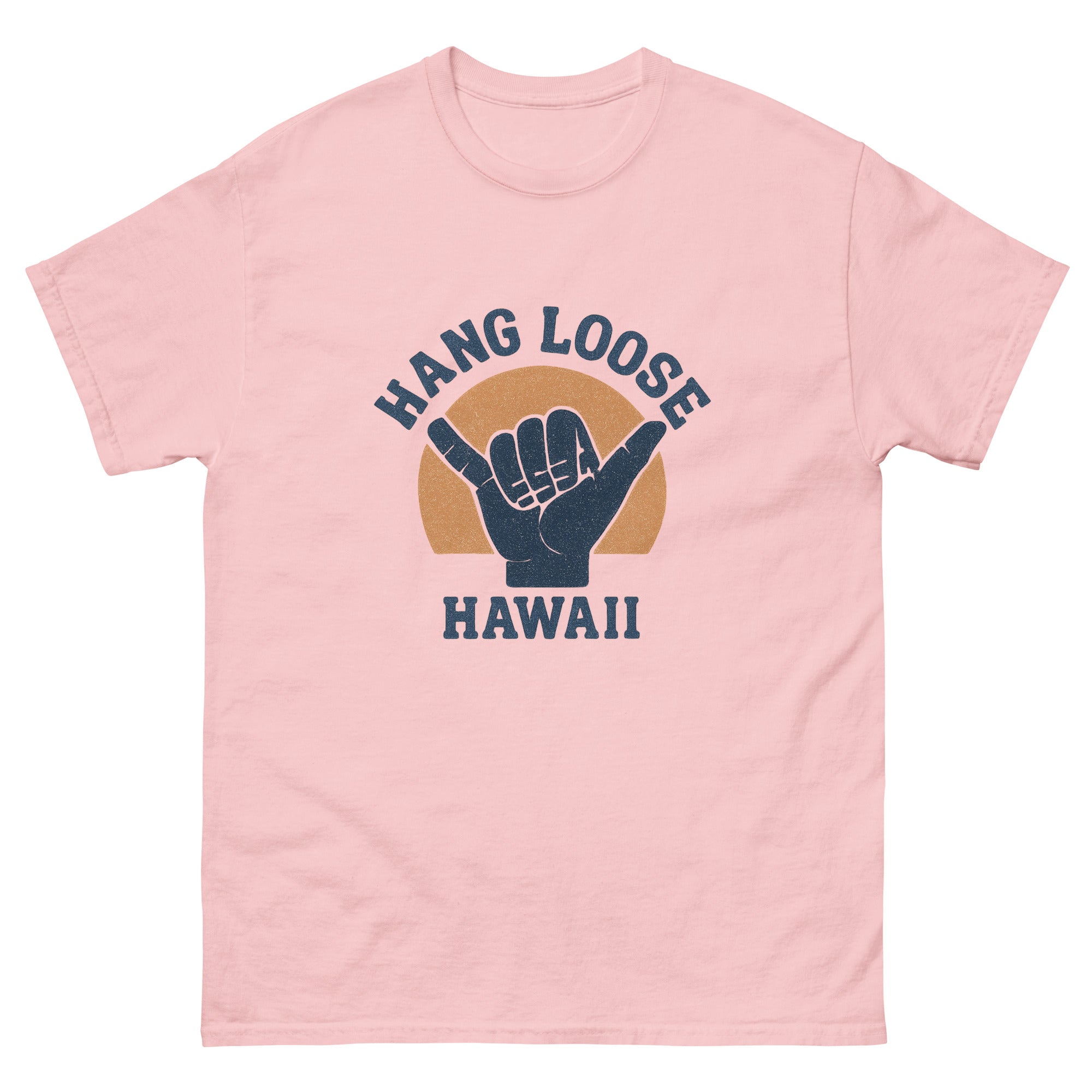 Hang Loose Shaka Hawaiian t-shirt design on a Light Pink unisex tee