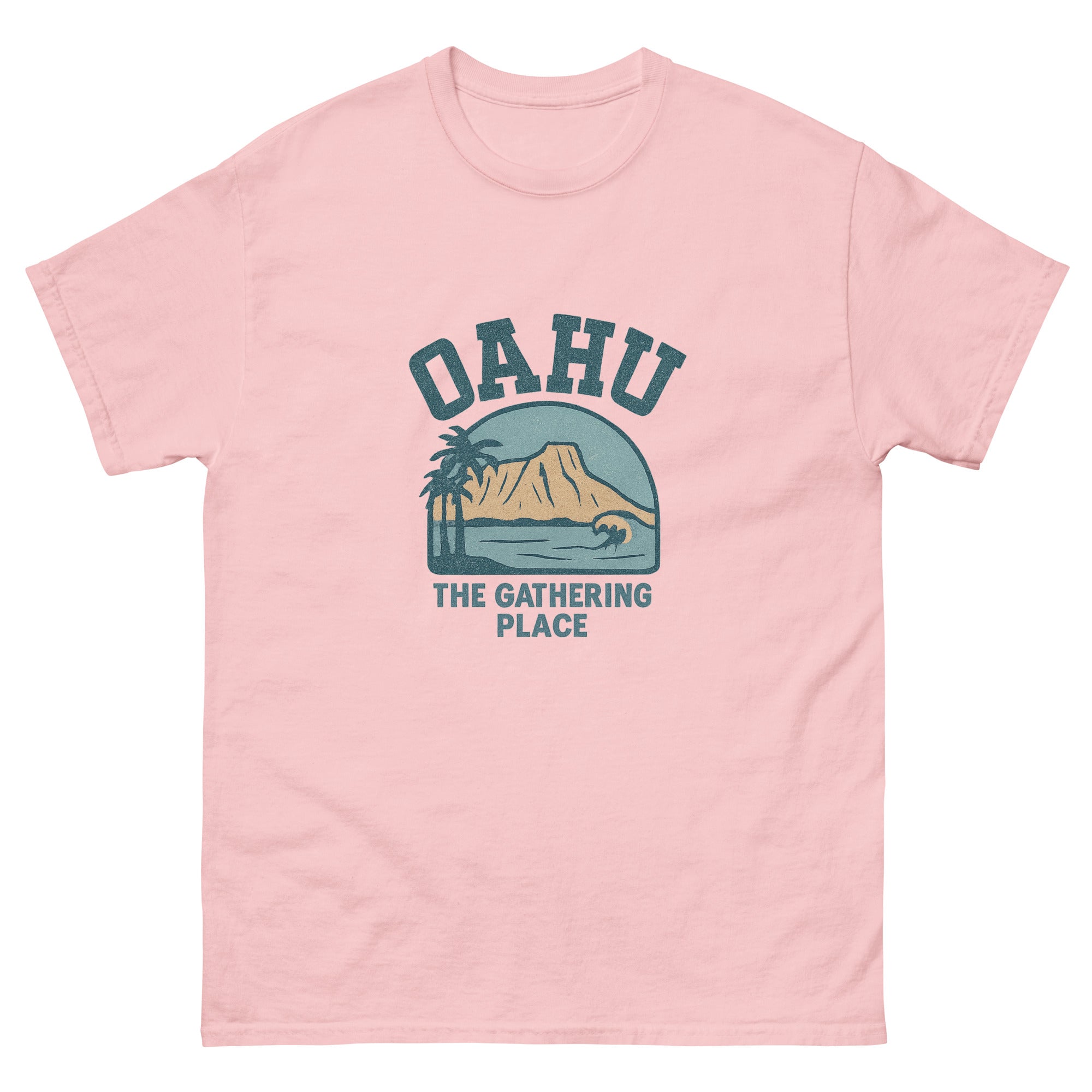 Oahu Hawaiian t-shirt design on a Light Pink unisex tee
