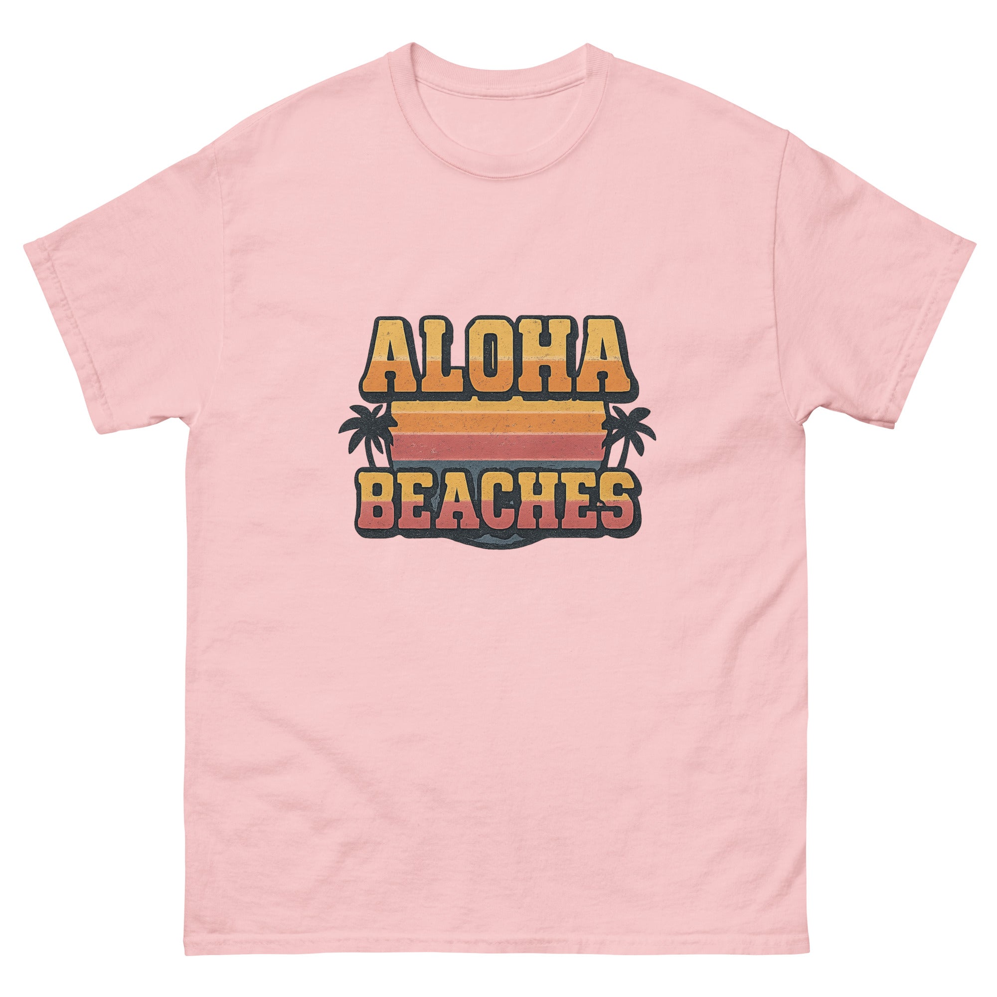 Aloha Beaches Hawaiian t-shirt design on a Light Pink unisex tee