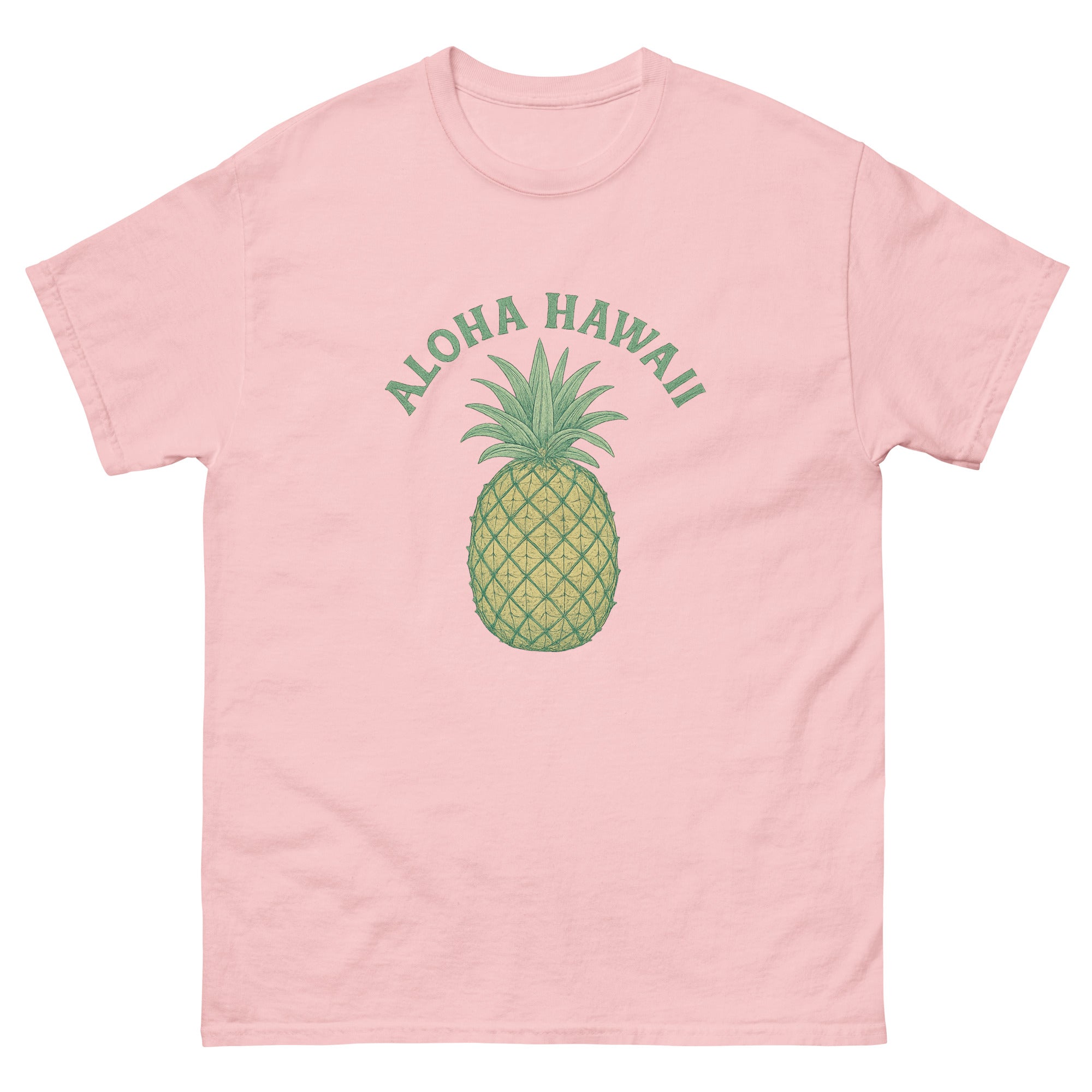 Pineapple Hawaiian t-shirt design on a Light Pink unisex tee