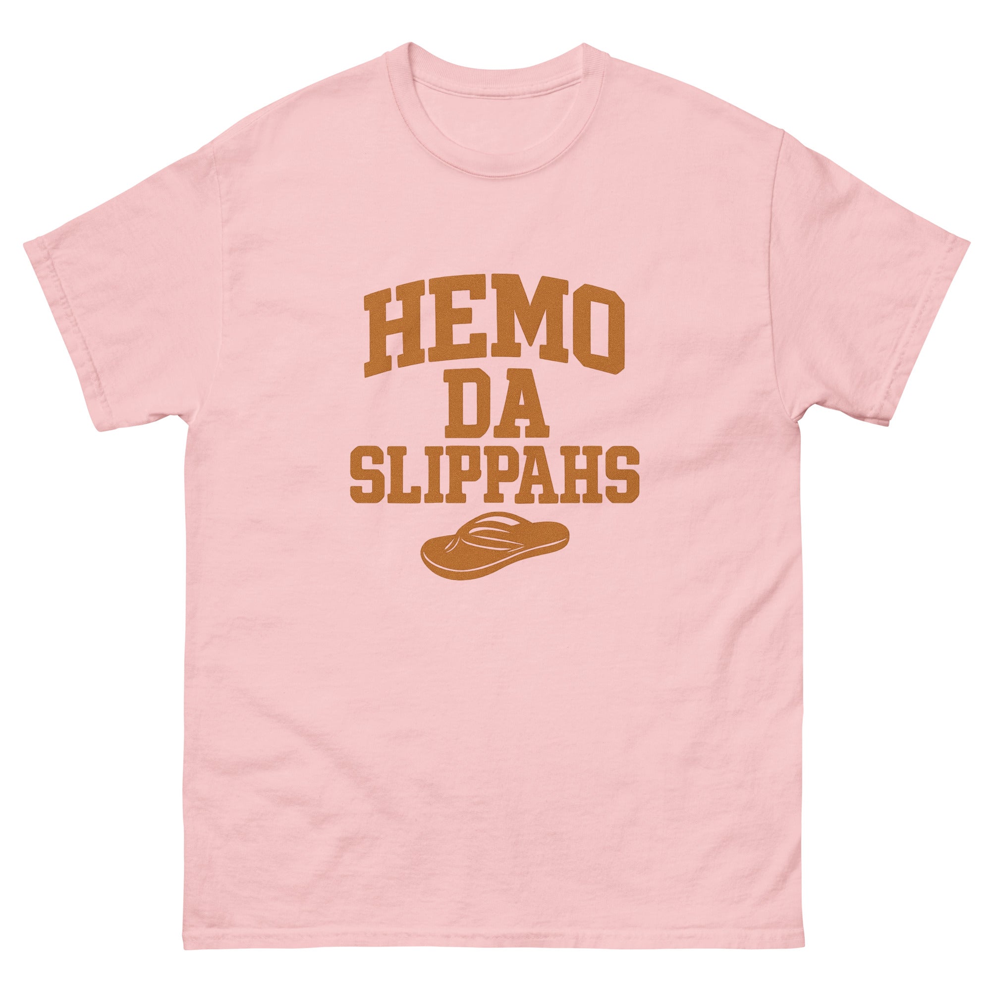 Hemo Da Slippahs Hawaiian t-shirt design on a Light Pink unisex tee