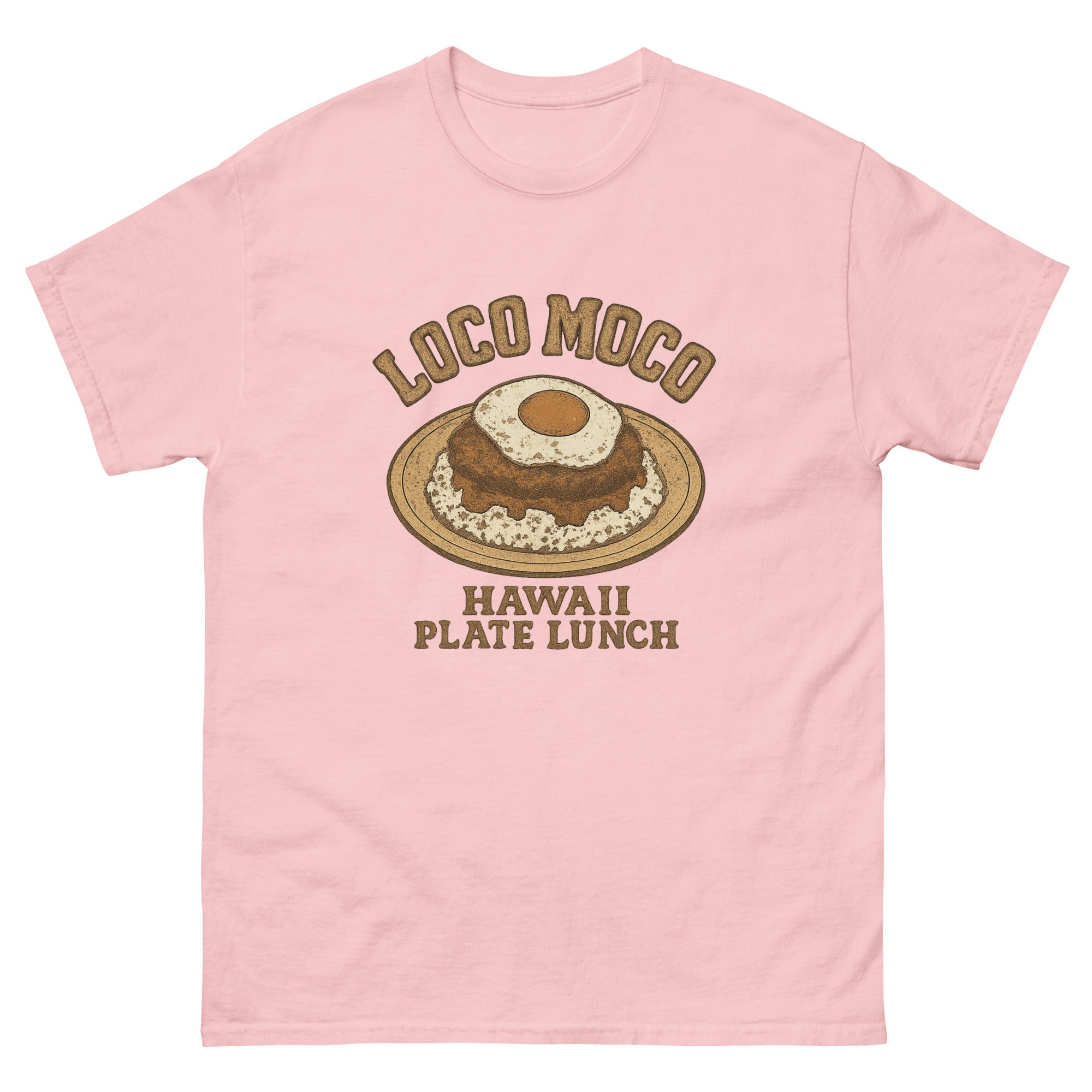 Loco Moco Hawaiian t-shirt design on a Light Pink unisex tee