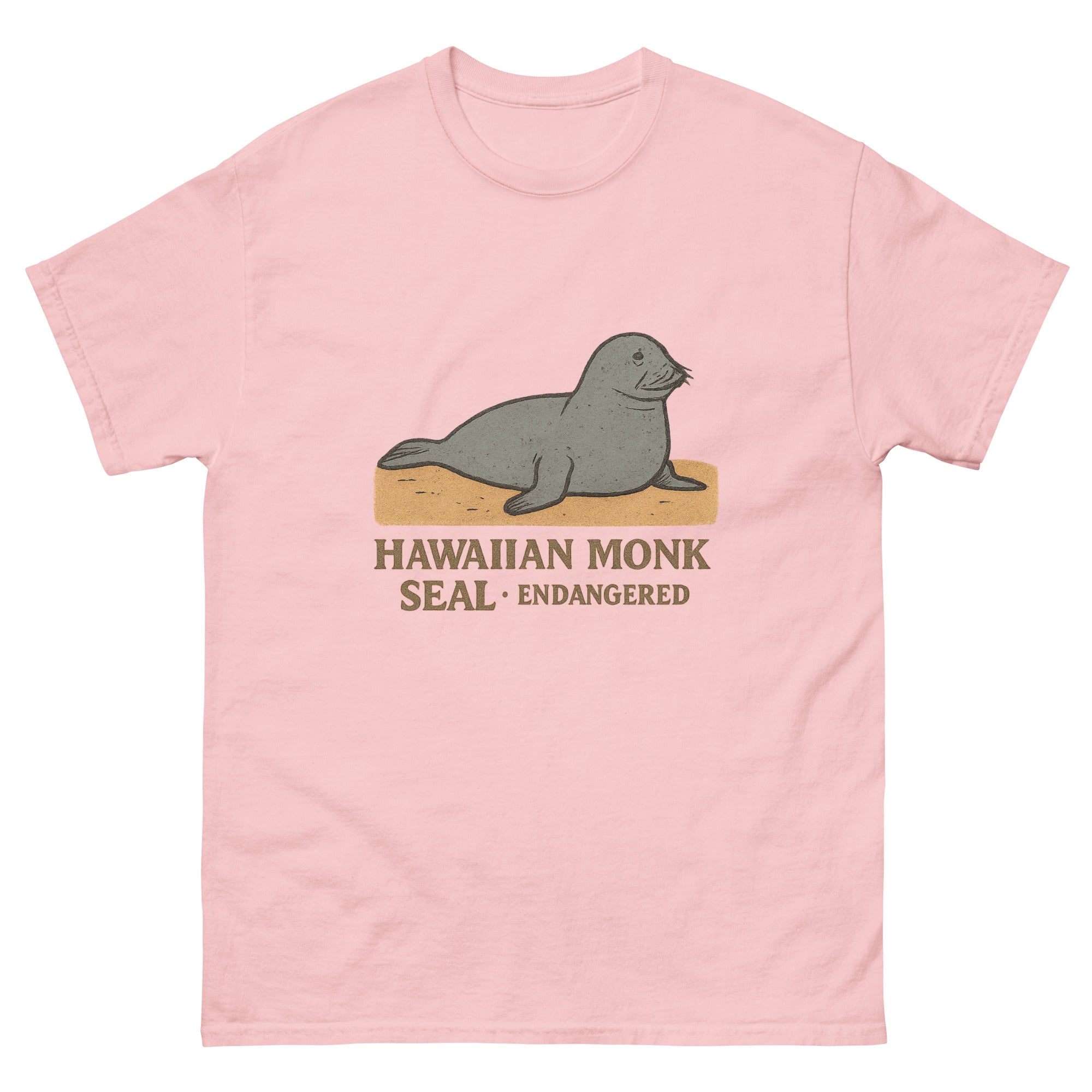 Monk Seal Hawaiian t-shirt design on a Light Pink unisex tee