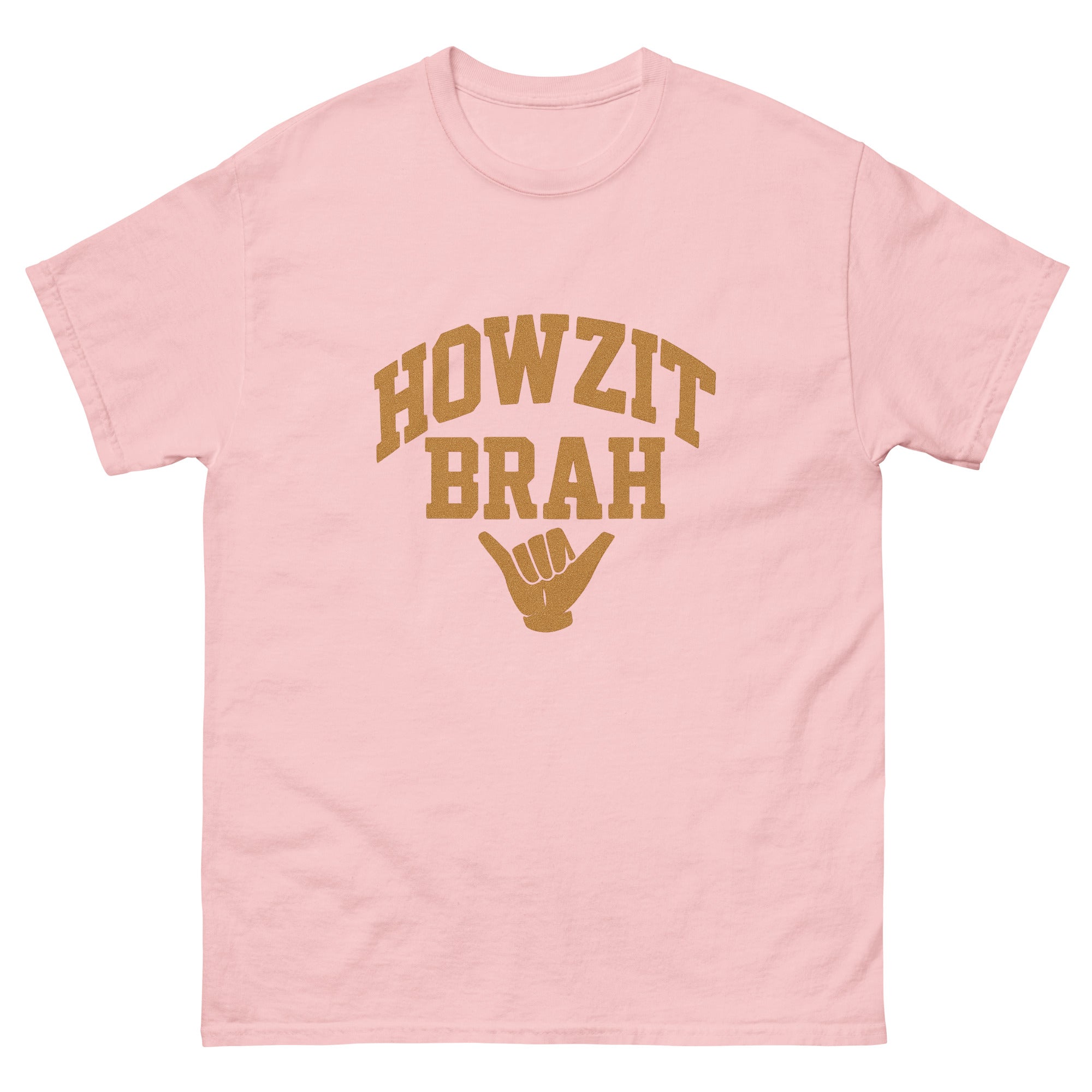 Howzit Brah Hawaiian t-shirt design on a Light Pink unisex tee