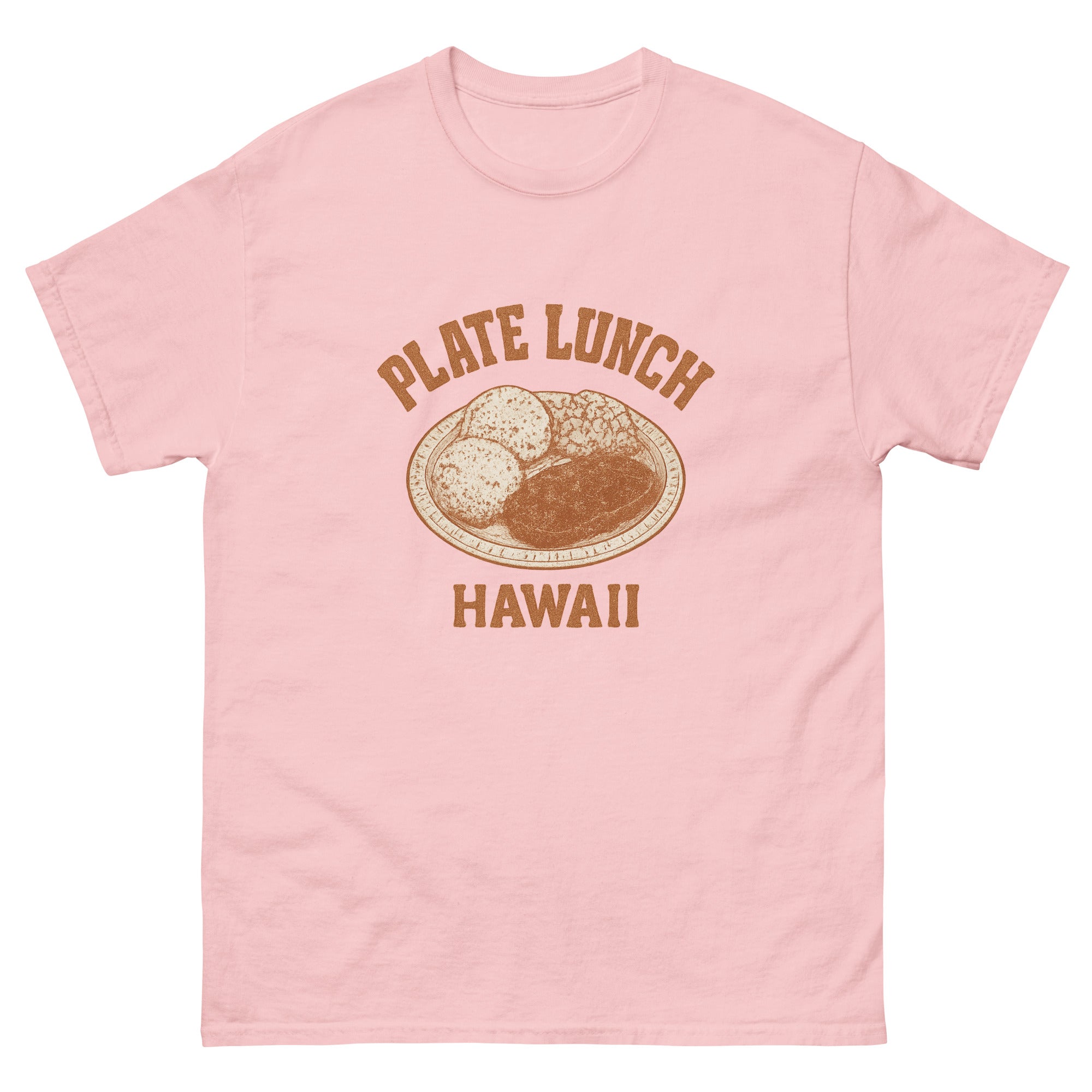 Plate Lunch Hawaiian t-shirt design on a Light Pink unisex tee