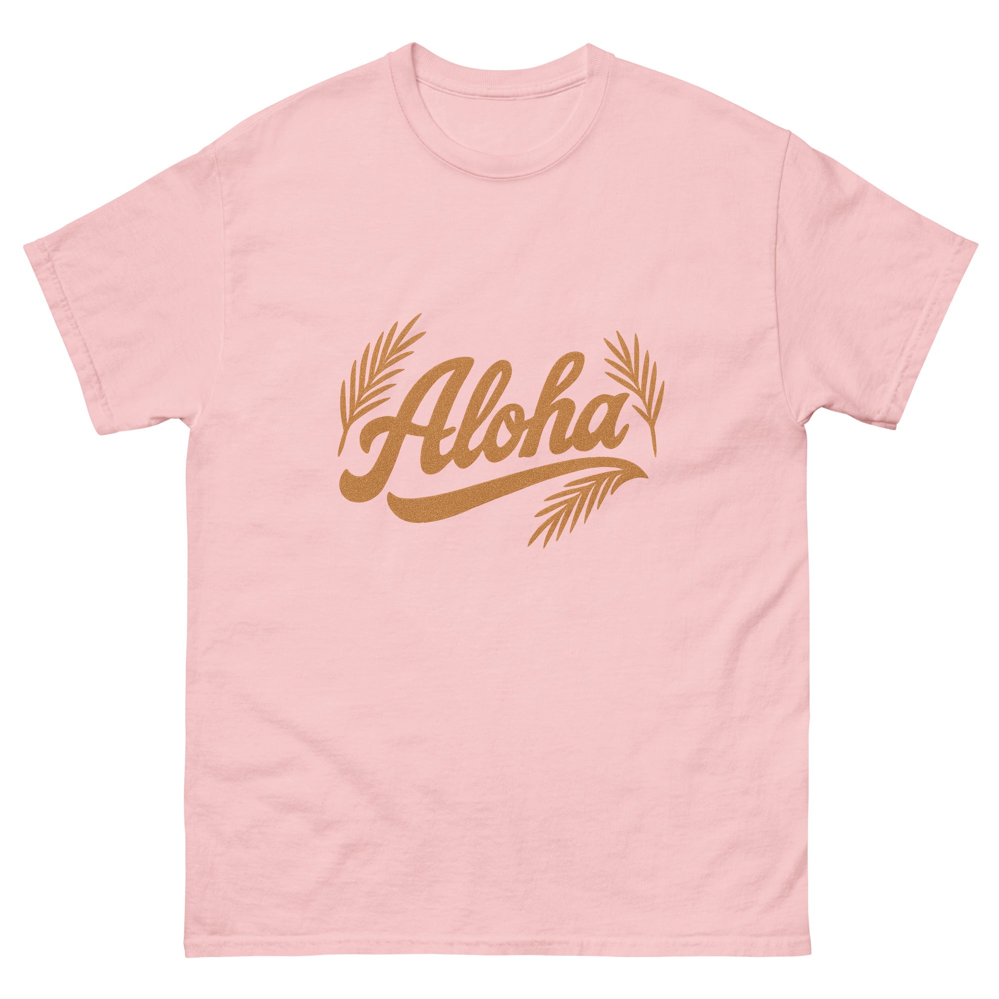 Aloha Script Hawaiian t-shirt design on a Light Pink unisex tee
