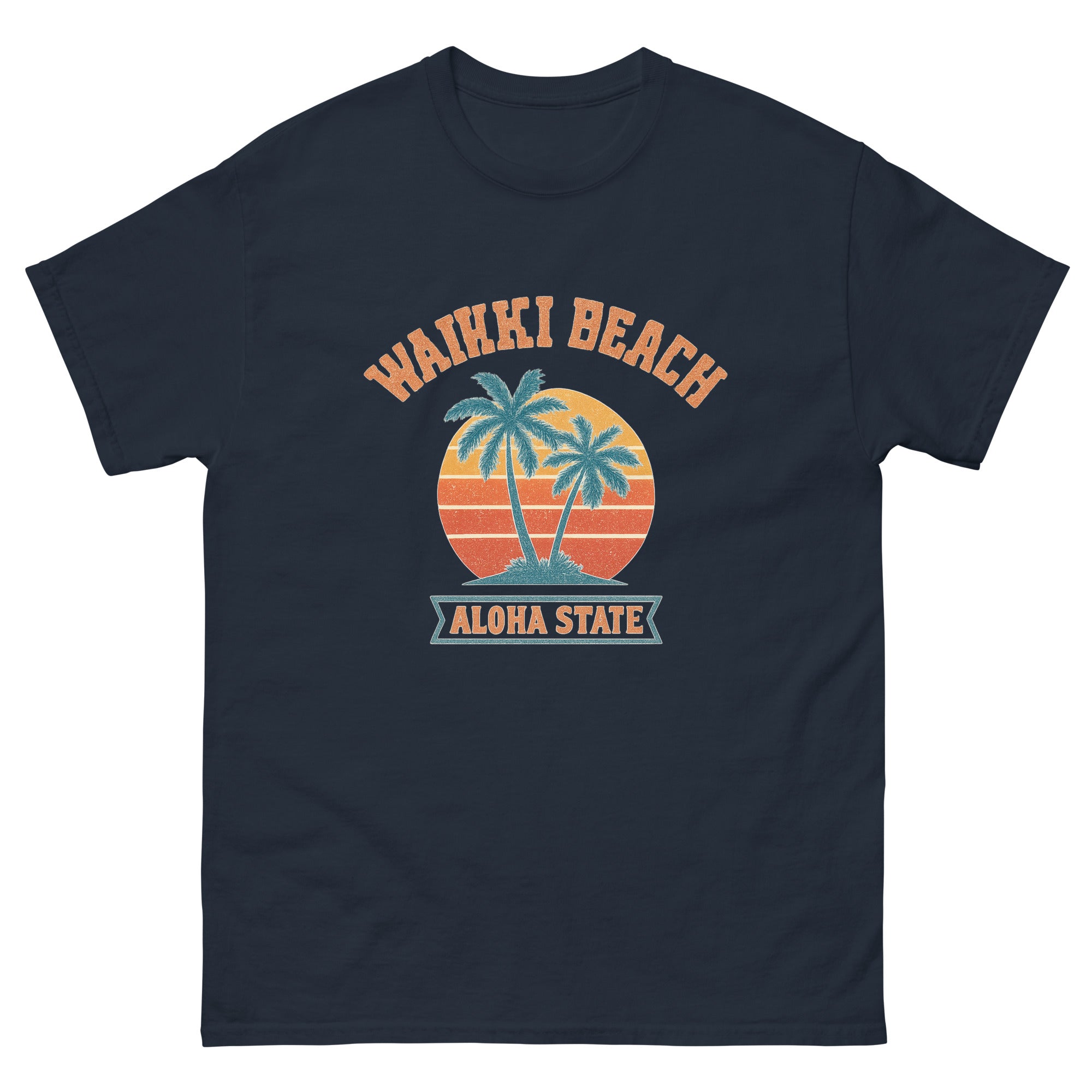 Waikiki Sunset Hawaiian t-shirt design on a Navy unisex tee