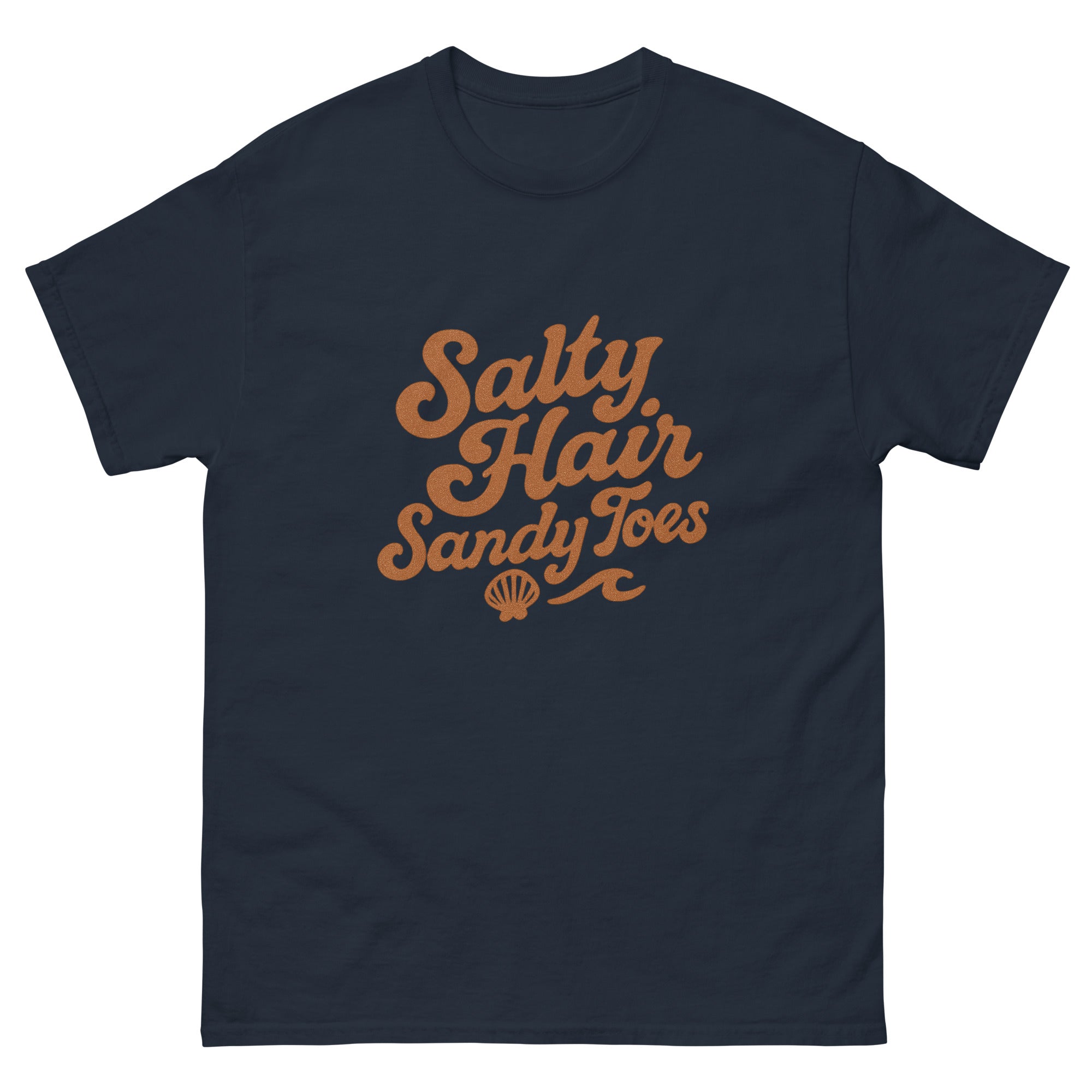 Salty Hair Sandy Toes Hawaiian t-shirt design on a Navy unisex tee