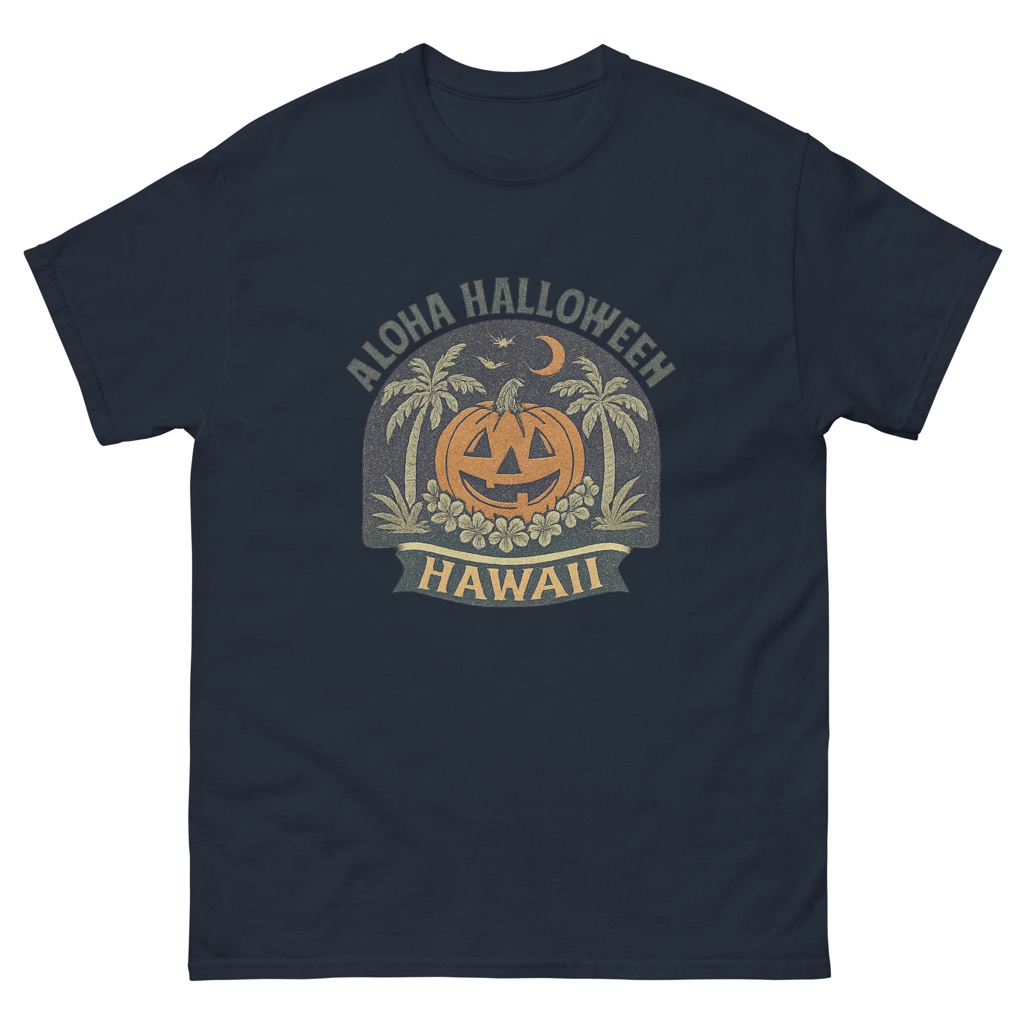 Aloha Halloween Hawaiian t-shirt design on a Navy unisex tee