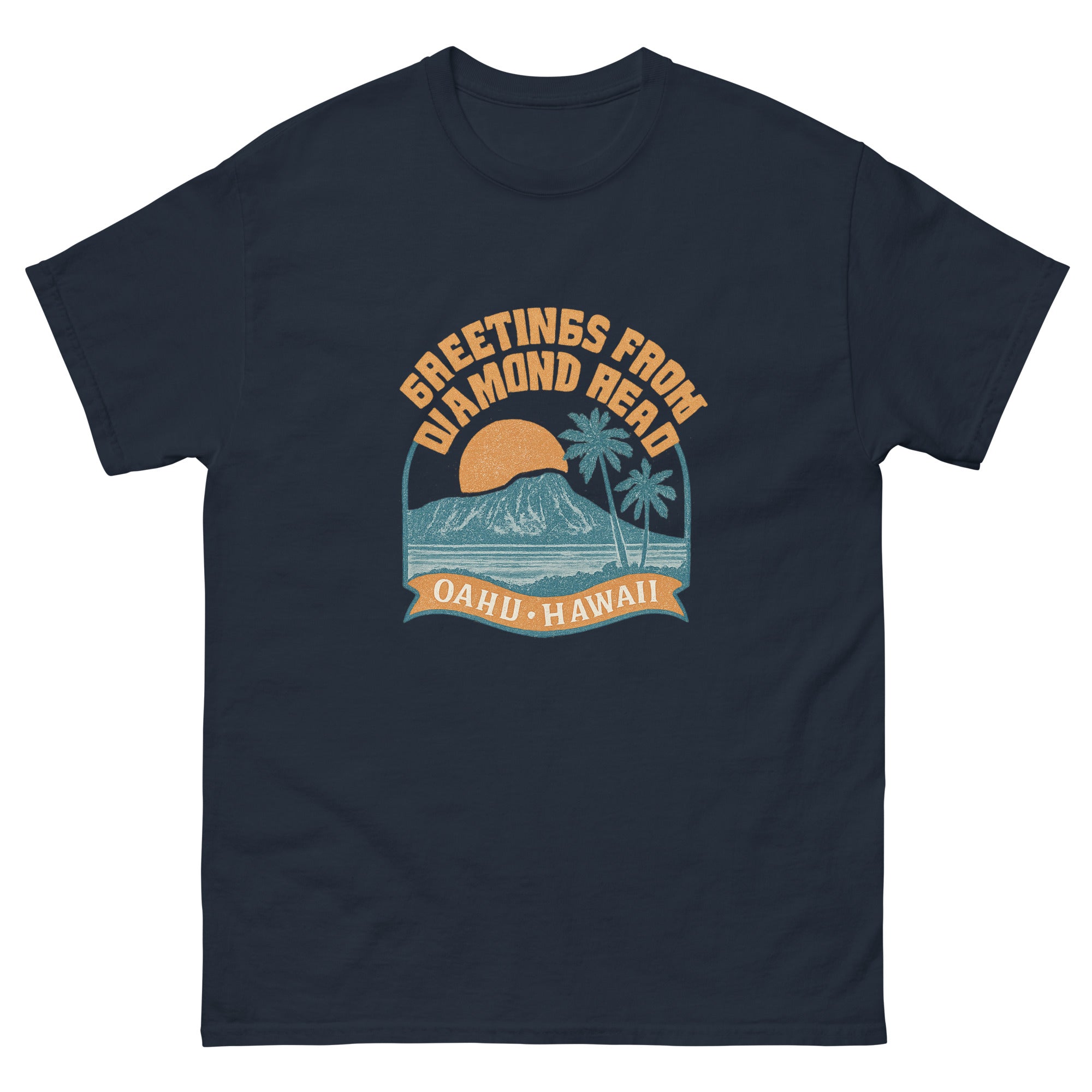 Diamond Head Hawaiian t-shirt design on a Navy unisex tee