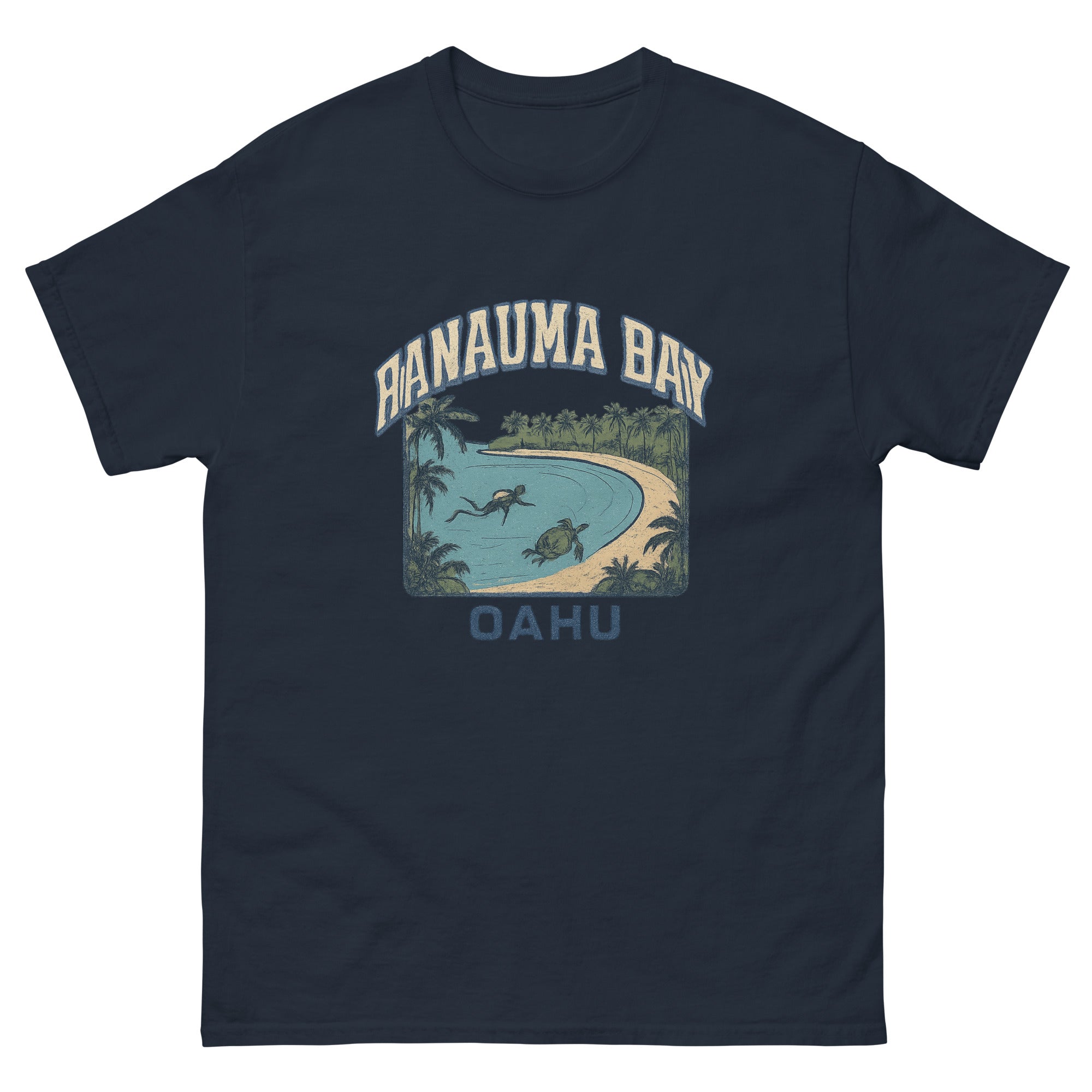 Hanauma Bay Hawaiian t-shirt design on a Navy unisex tee