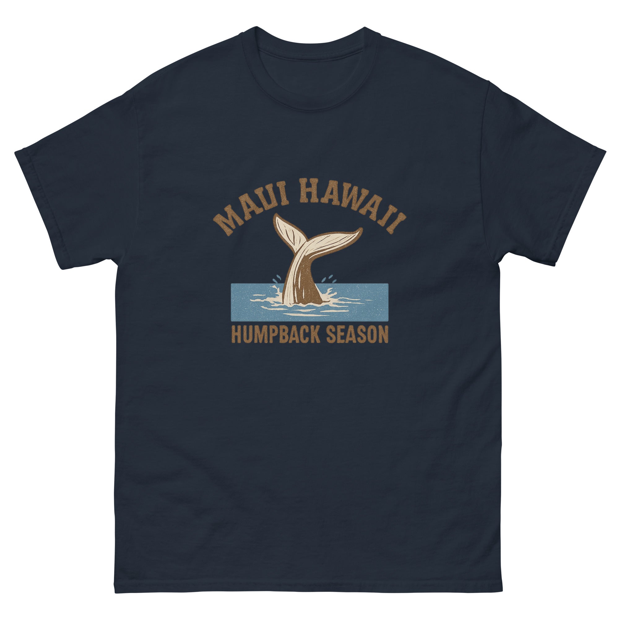 Whale Tail Hawaiian t-shirt design on a Navy unisex tee