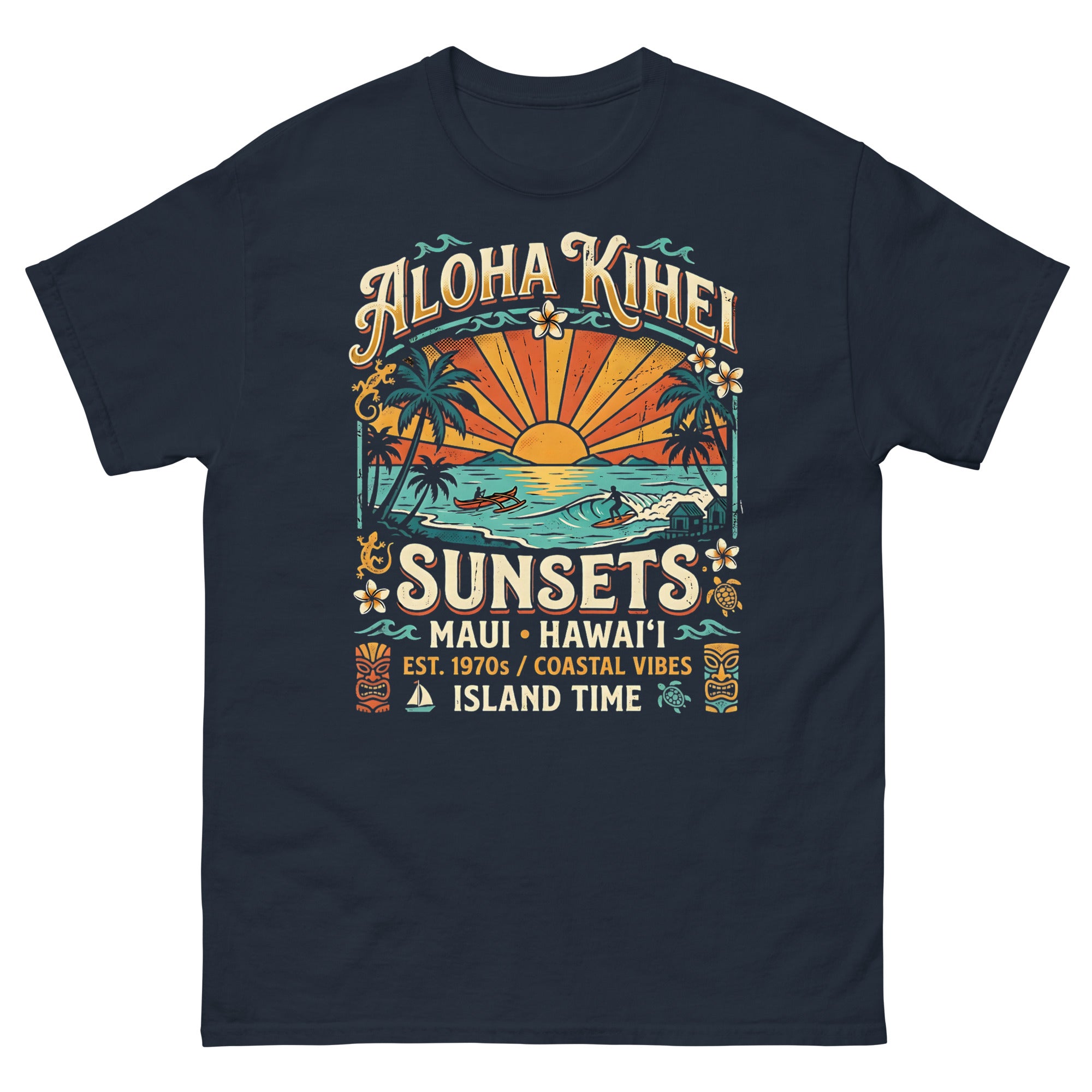 Aloha Kihei Sunsets Hawaiian t-shirt design on a Navy unisex tee