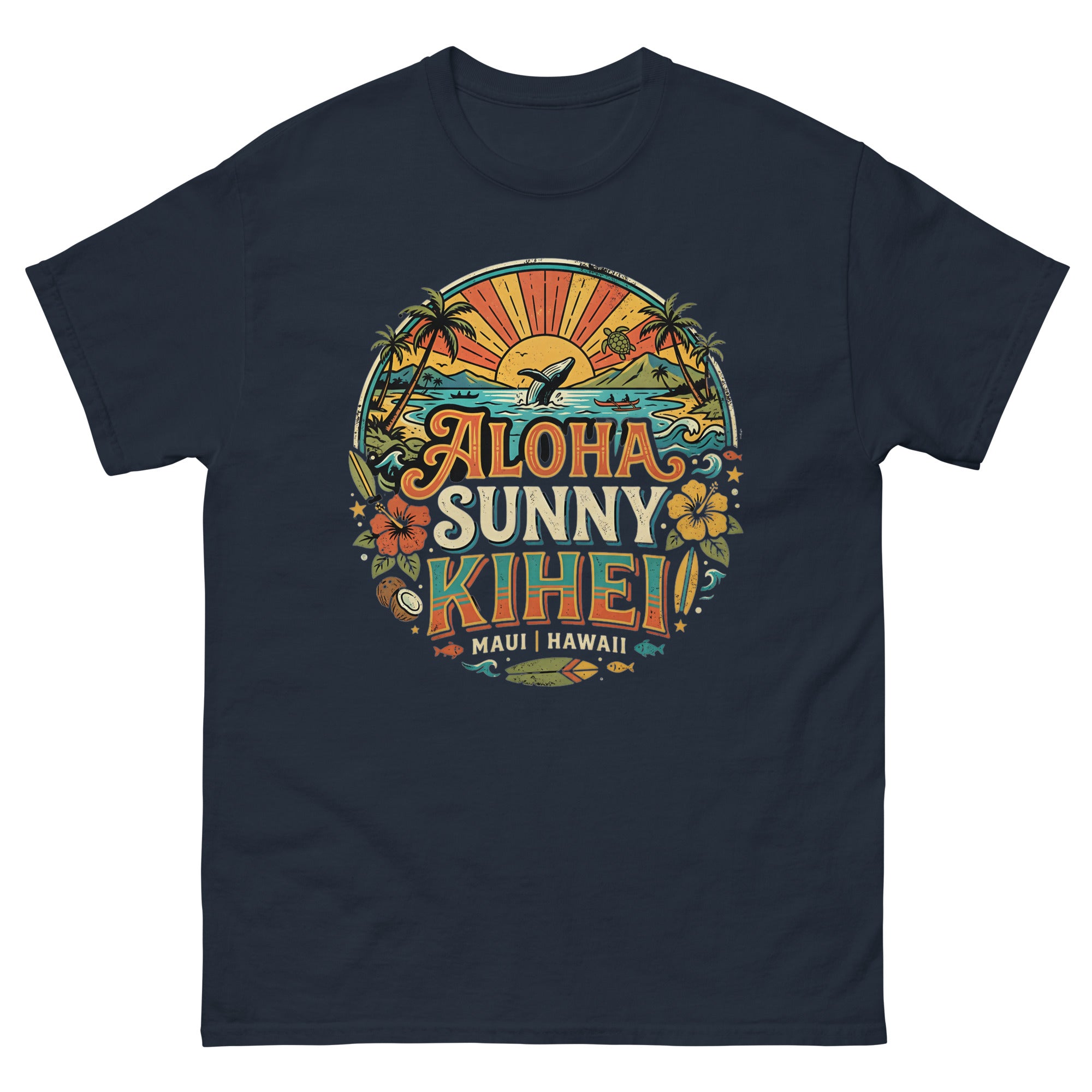 Aloha Sunny Kihei Maui Hawaiian t-shirt design on a Navy unisex tee