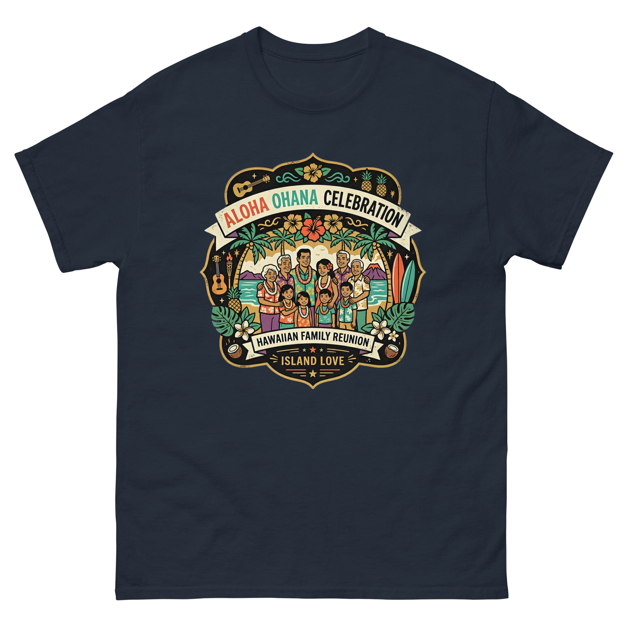 Ohana Family Reunion Gathering Hawaiian t-shirt design on a Navy unisex tee