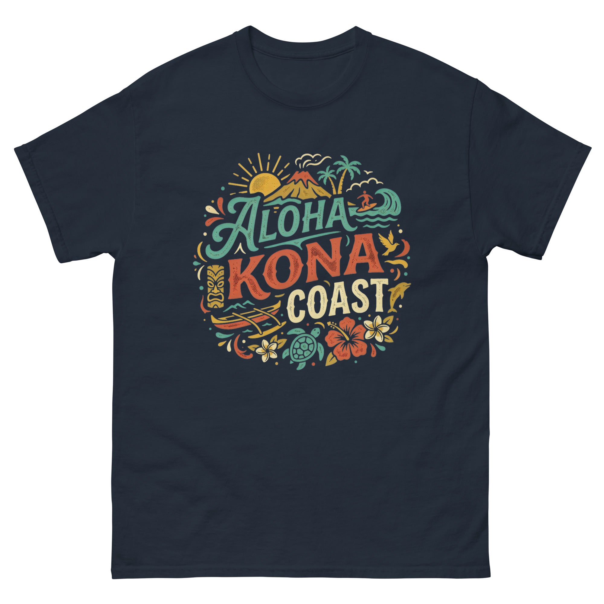 Aloha Kona Coast Hawaiian t-shirt design on a Navy unisex tee