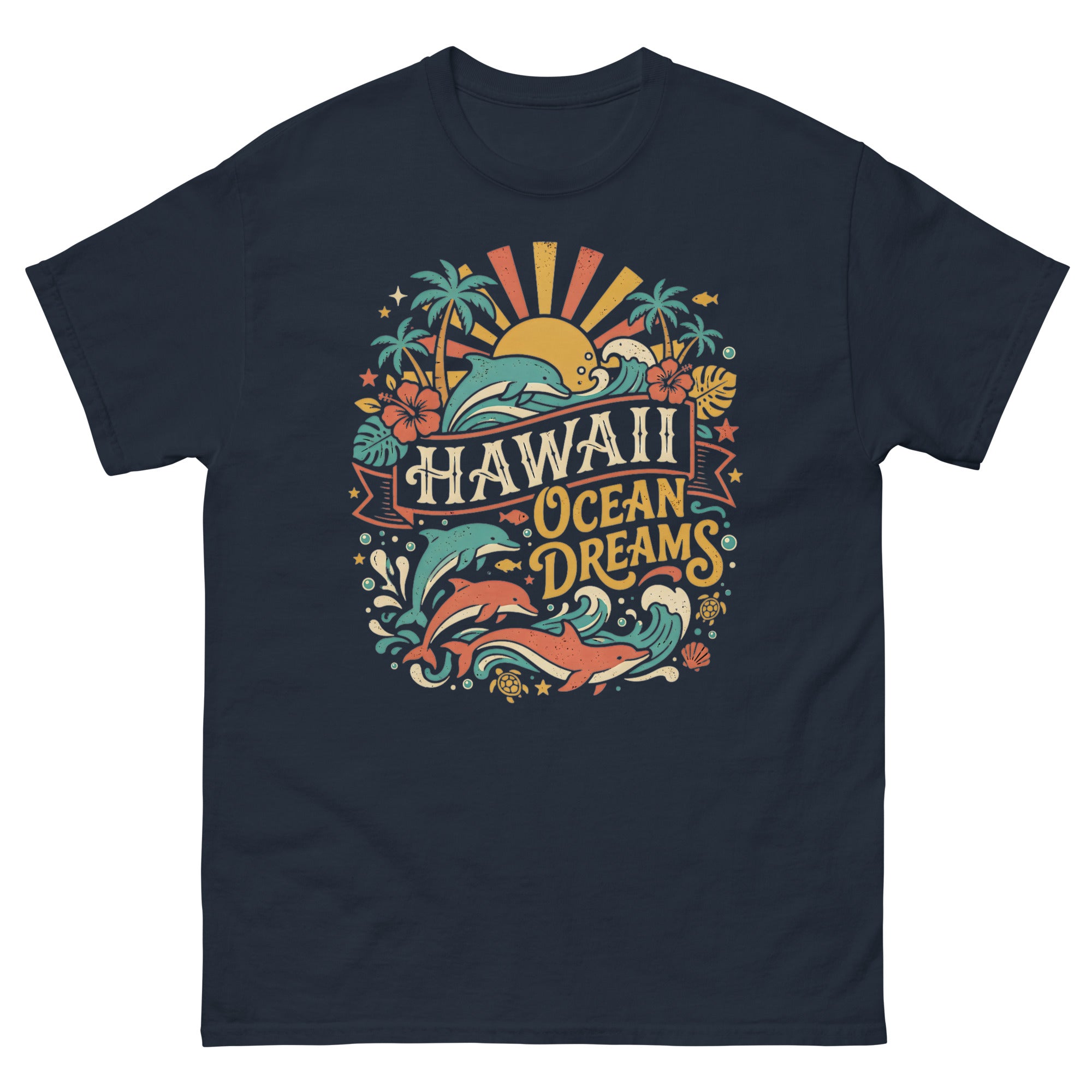 Aloha State Dolphins v3 Hawaiian t-shirt design on a Navy unisex tee