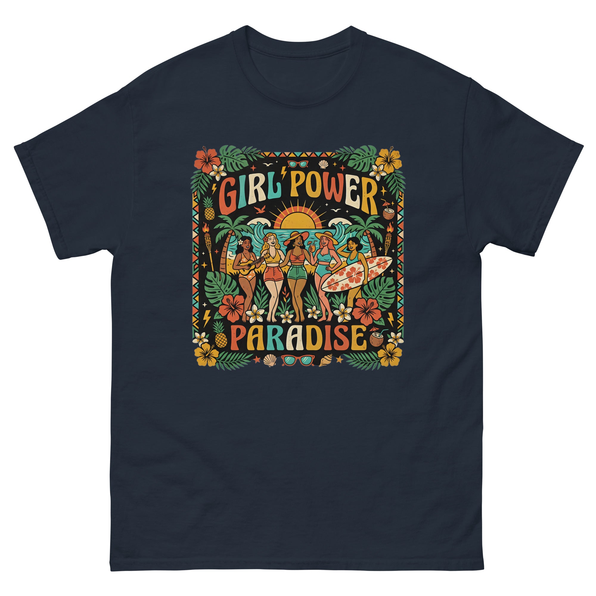 Aloha Sisters Hawaiian t-shirt design on a Navy unisex tee