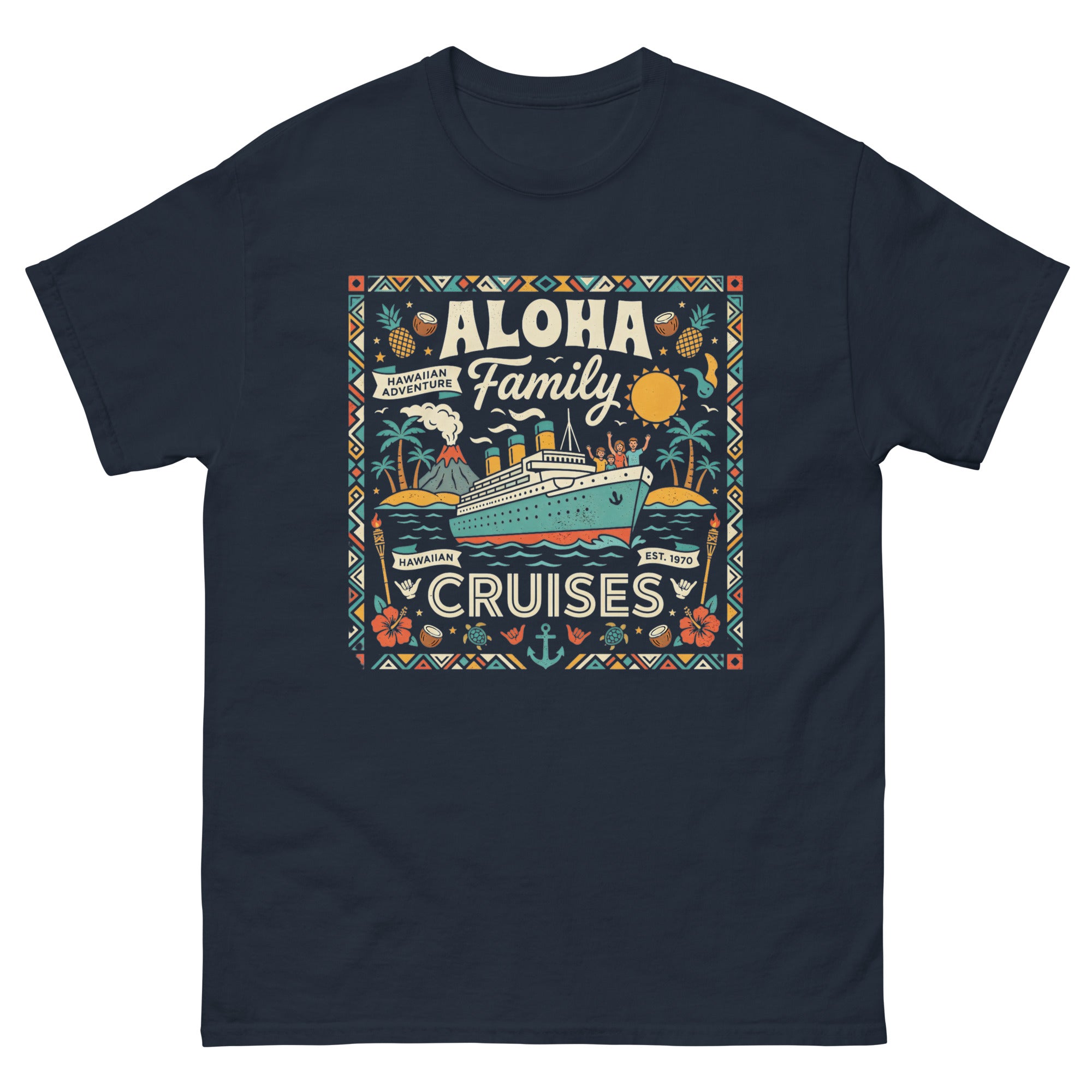 Hawaii Ohana Sea Adventure v2 Hawaiian t-shirt design on a Navy unisex tee